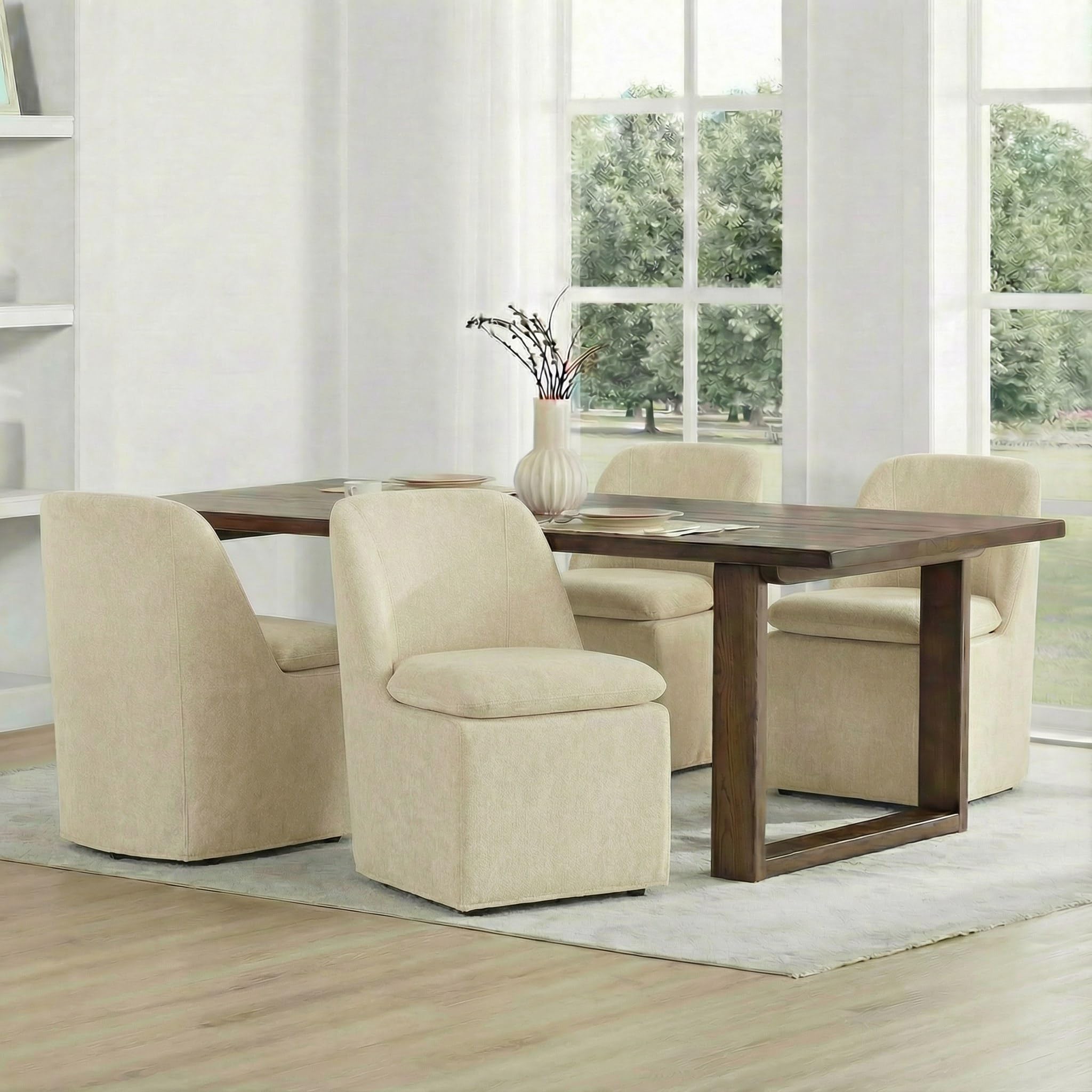 KISLOT Upholstered Dining Chairs Set of 4 with Casters, Modern Side Armless Deskchair with Washable Slipcover &amp; Sturdy Metal Frame for Diningroom Bedroom Livingroom Reading Room, Sand Fabric