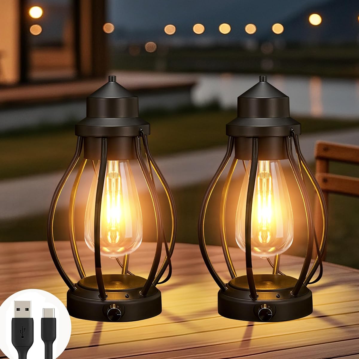 2Pack Rechargeable Camping Lanterns Battery Operated Hanging Lamps Outdoor Indoor, USB-C Charge/6h Timer, Dimming Edison Bulb Light Waterproof for Table Patio Garden Yard Porch Decor&Gift