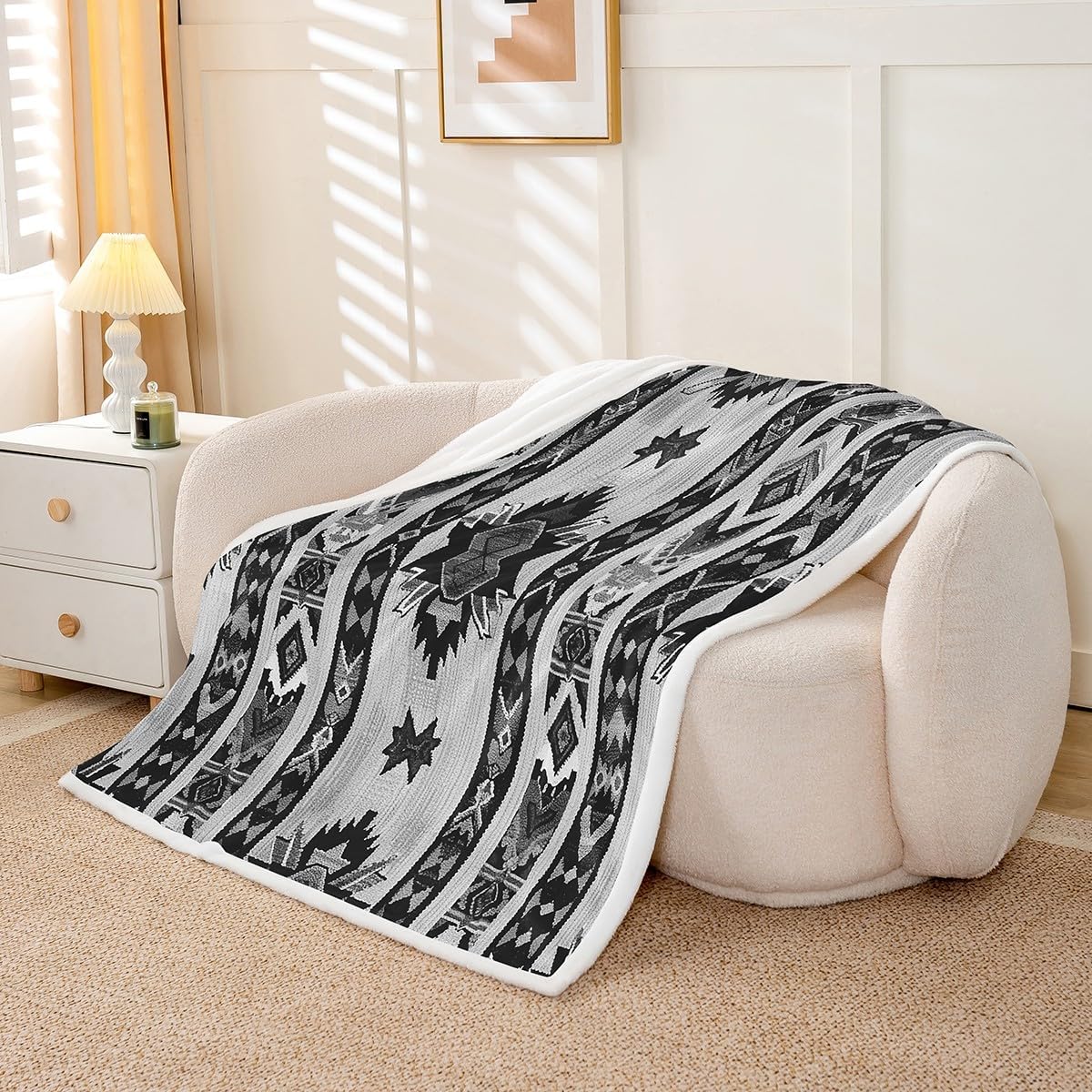 Feelyou Grey Southwestern Sherpa Blanket Queen 90"x90" Geometric Fleece Throw Blanket for Bed Sofa Couch Kids Tribal Exotic Style Native American Indian Design Plush Blanket Stripe Line Fuzzy Blanket