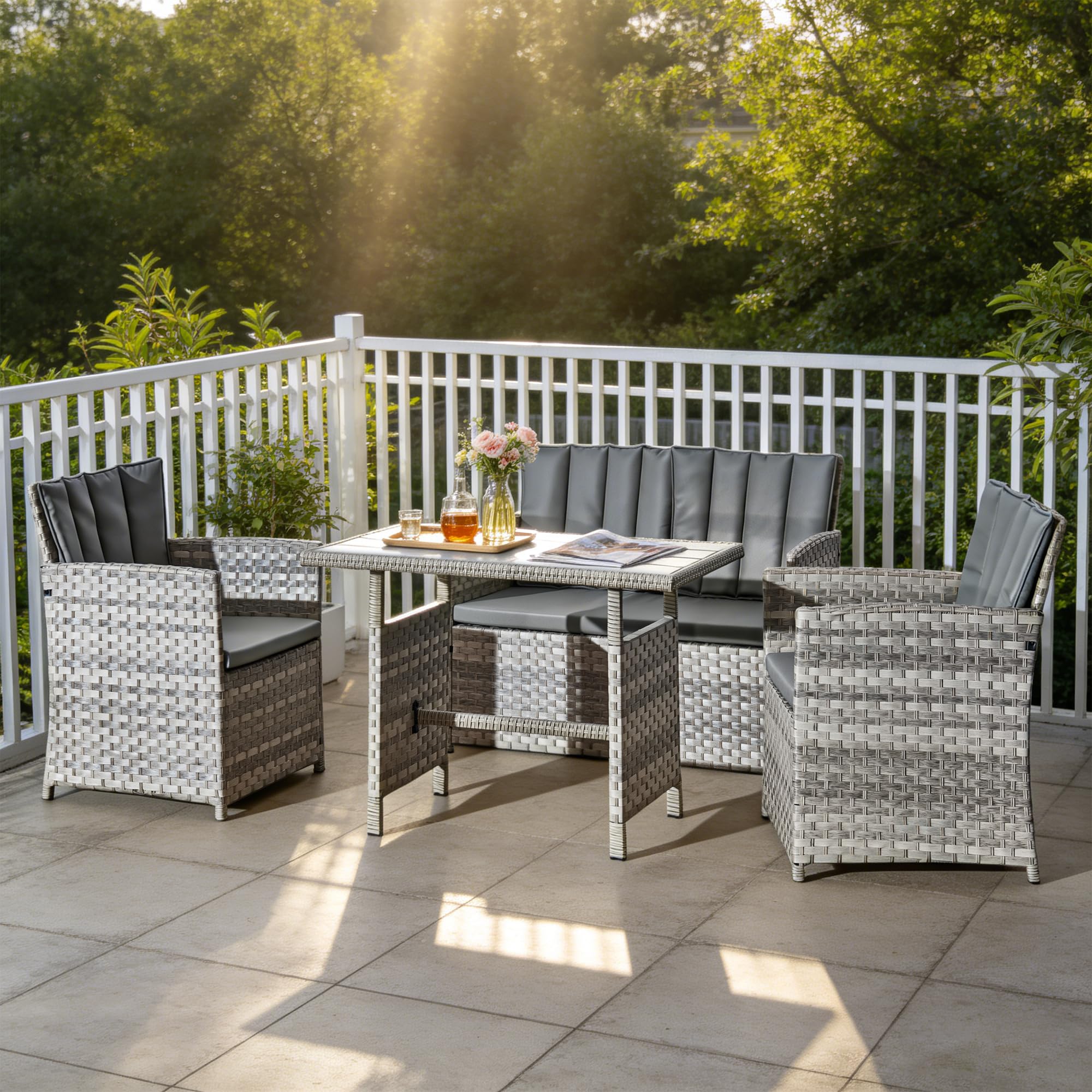 Yaangagpe 4PCS Grey Rattan Garden Furniture Set with Cushions, 1 Two-Seater Sofa 2 Single Chairs Composite Top Table, Weatherproof Outdoor Patio Furniture for Garden Balcony Poolside