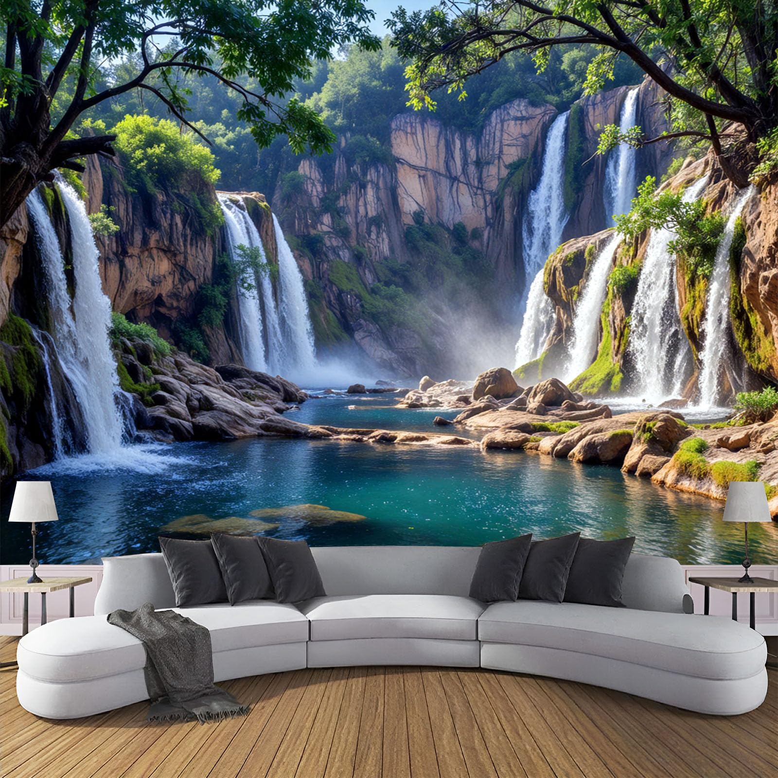 Papier Peint Panoramique à Effet Profondeur 3D Paysage Cascade