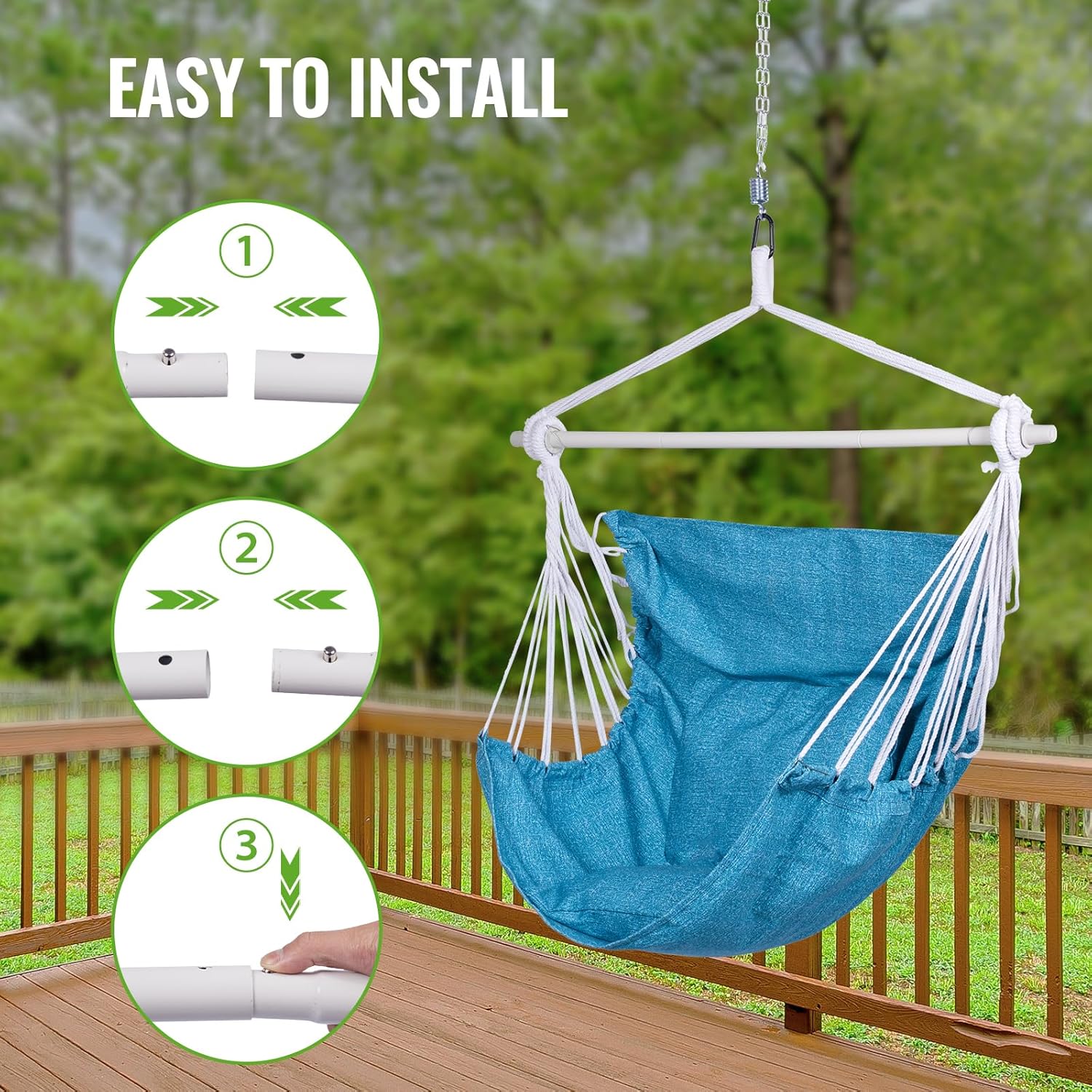Backyard Expressions Hammock Chair Hanging Rope Swing Chair, 2 Pillows, Anti Slip Steel Spreader Bar