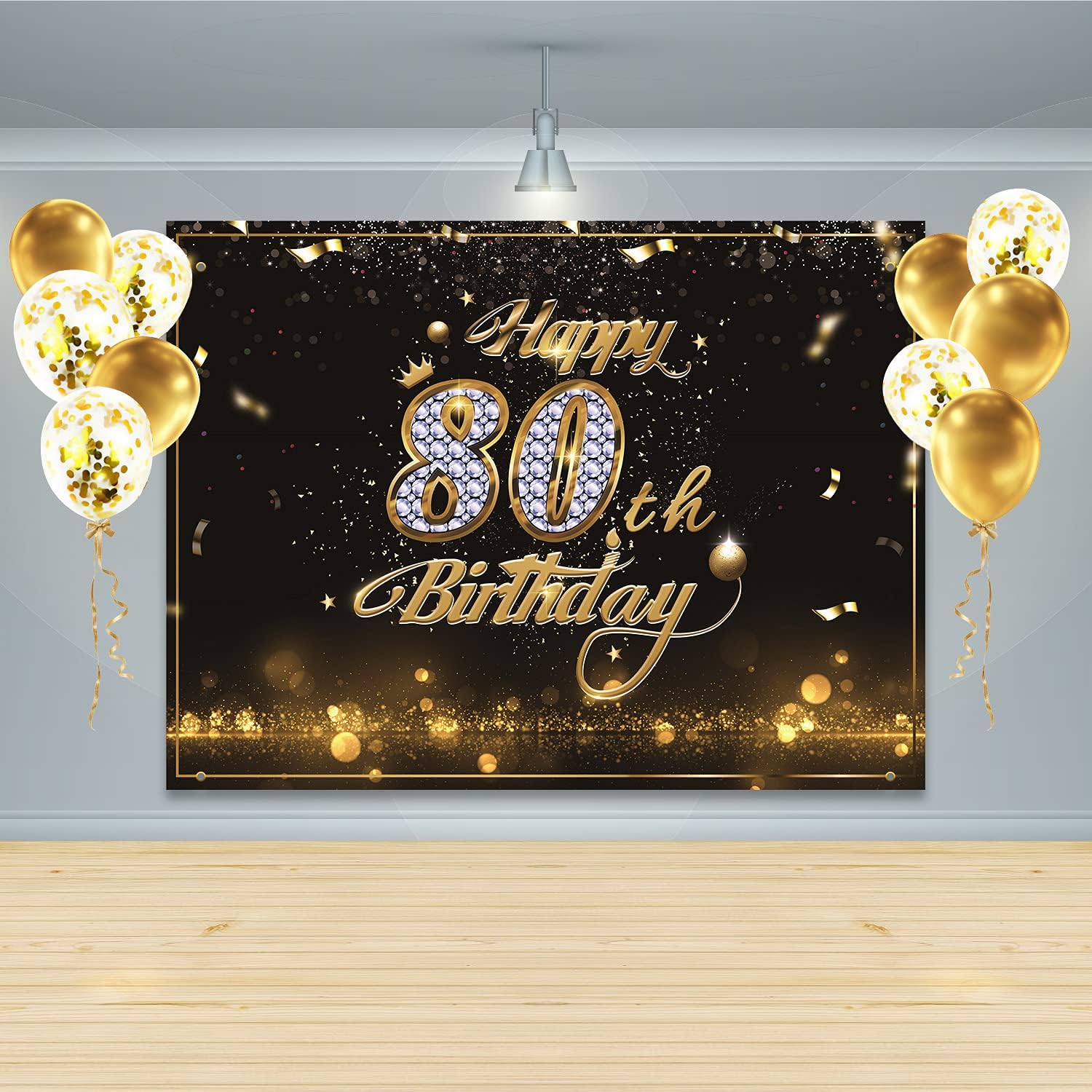 Gatherfun Birthday Party Supplies Happy 80th Birthday Banner Backdrop with 10 Pcs Balloons Black Gold Birthday Party Large Background Photo Props for Men and Women 80 Birthday Decorations