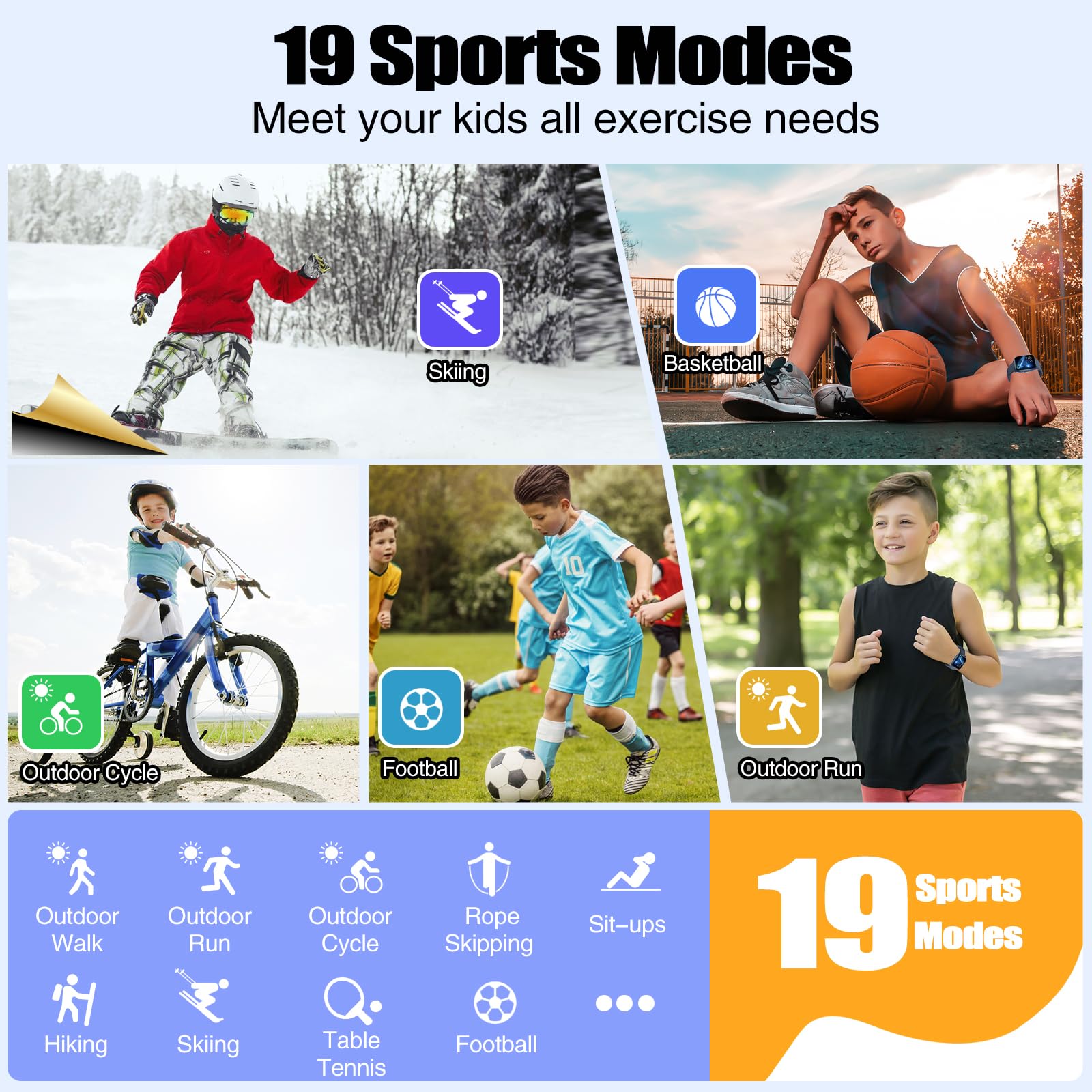 meoonley Reloj Inteligente Niño, 19 Modos Deportivos, Monitor de Frecuencia Cardíaca, Monitor de Sueño, hasta 10 días de Autonomía, IP68 Impermeable, Regalo para niños y niñas de 6 a 15 años