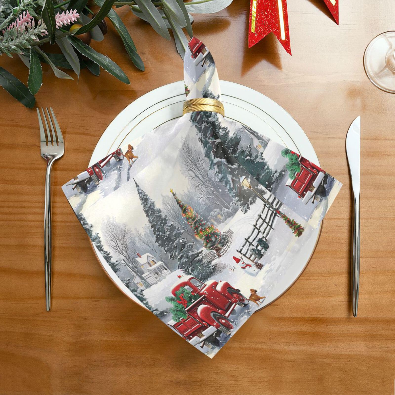 Wusikd Winter Red Truck Cloth Napkins Set of 6 Christmas Snowflake Dinner Napkins Solid Washable Reusable Polyester Table Napkins Oversized 20