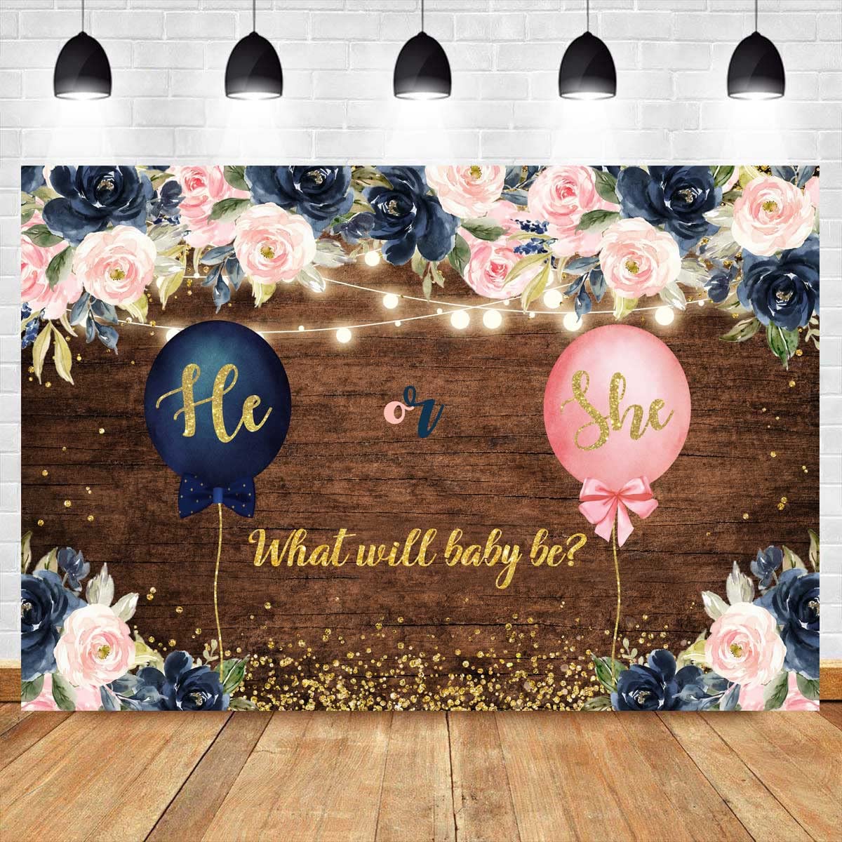 sunsfunBackdropsOnline Navy and Blush Gender Reveal Backdrop He or She What Will Baby Be Party Photography Background Pregnancy Surprise Boy Girl Decorations Photoshoot Banner 7x5ft