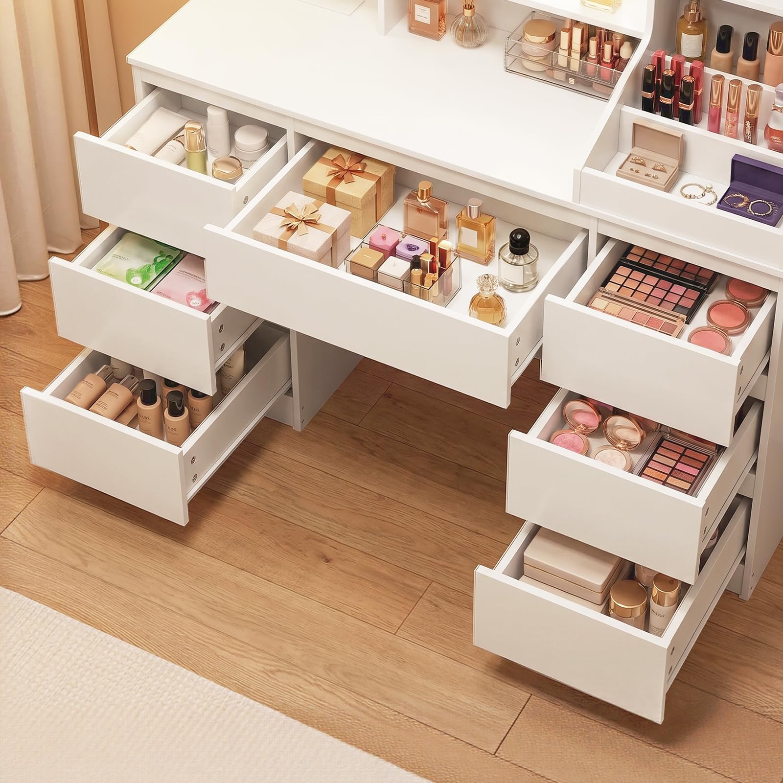 HOOBRO Tocador, con Espejo LED Regulable, Mesa de Maquillaje, 5 Estantes Abiertos y 7 Cajones, con Estación de Carga Integrada (2 Tomas CA, 1 USB-A, 1 Tipo C), para Vestidor, Habitación, Blanco