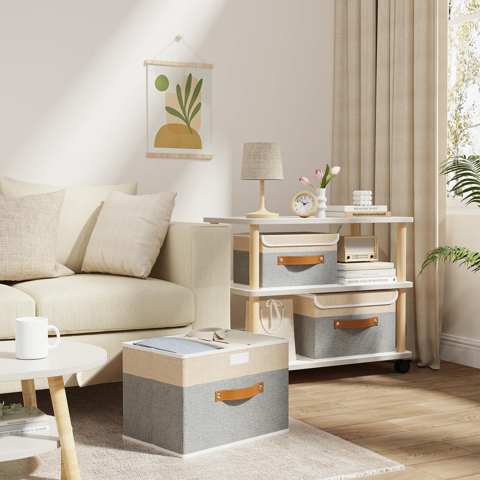 OUTBROS 3 Set Scatole Portaoggetti, 45x30x30cm Cesto, Grigio/Beige | Scatole per Armadio in Tessuto con Coperchio Antipolvere, Contenitori Salvaspazio Pieghevoli per Vestiti Camera da Letto