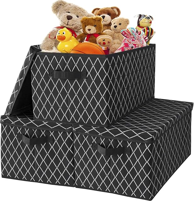 VERONLY Foldable Storage Boxes with Lids,Large Fabric Storage Toy Box Baskets with 2 Handles for Wardrobe, Shelf Bedroom Office Nursery Playroom Toy 40 x 30 x 26 cm Set of 3-Black