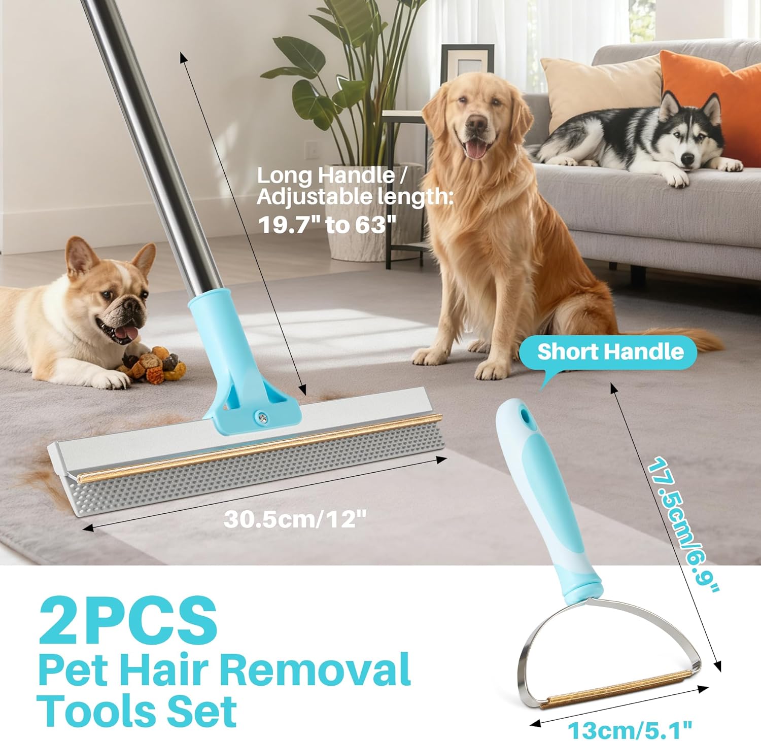 JOYMOOP 2 PCS Pet Hair Removal Tools, 63" Adjustable Long Handle Carpet Rake and Short Handle Carpet Pet Hair Removal, Cat Dog Hair Carpet Rake with Metal and Silicone Scraper for Carpet, Sofa, Cloth