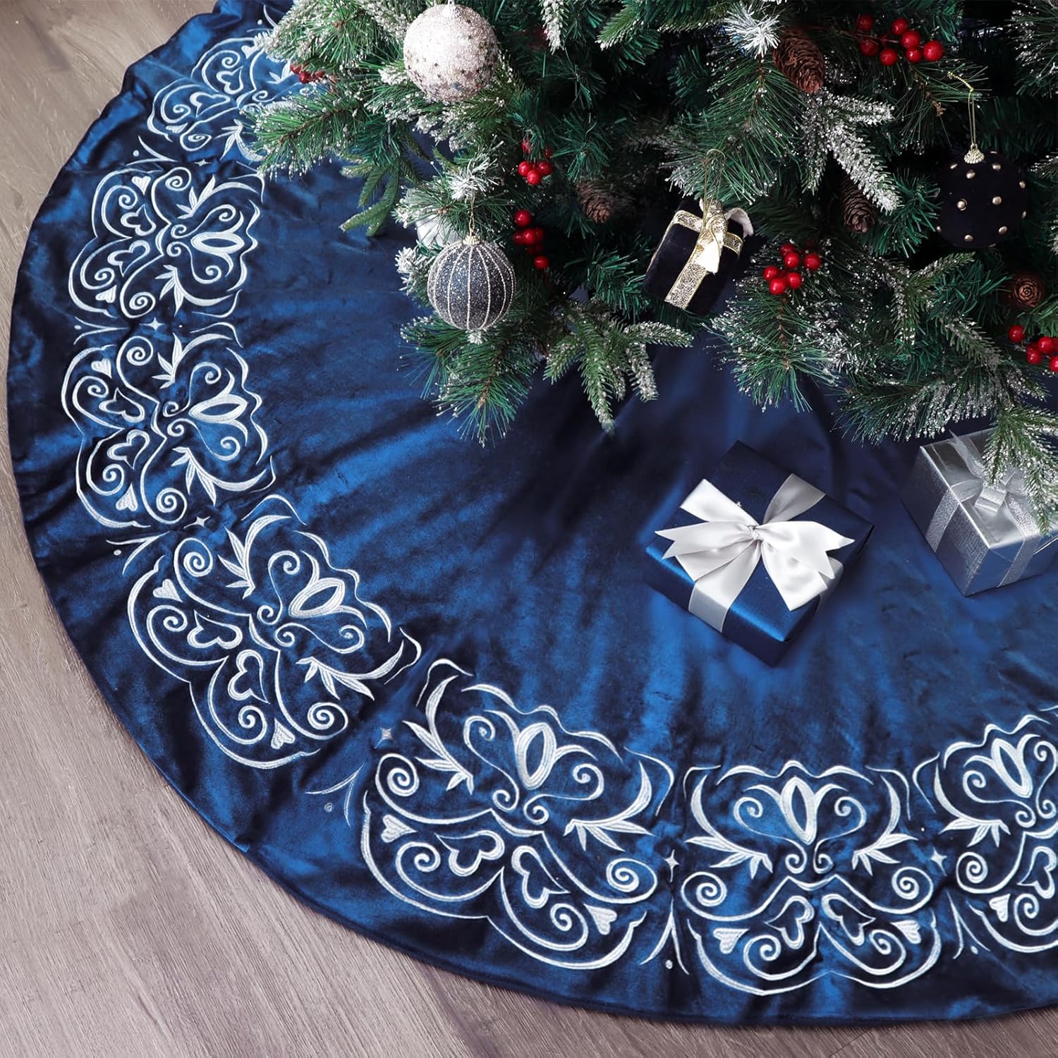 Bunny Chorus Christmas Tree Skirt, 48 inches Large Velvet Fur Plush Blue Tree Skirt, Xmas Tree Skirts with Gold Embroidered Holly Leaf for Merry Christmas Party Christmas Tree Decorations