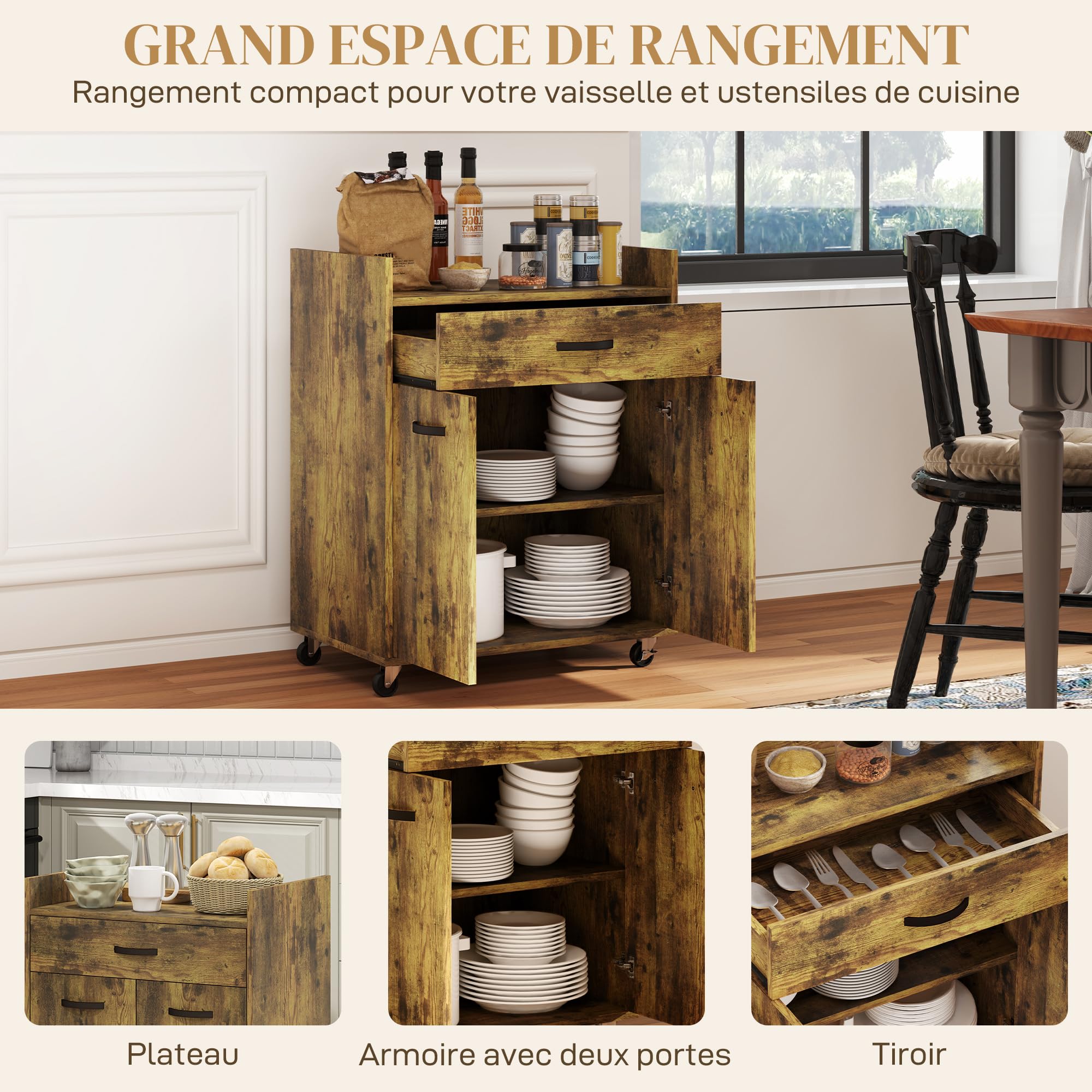 HOMCOM Chariot de Service desserte de Cuisine à roulettes tiroir Placard 2 Portes étagère en Bois Effet Bois d'acajou