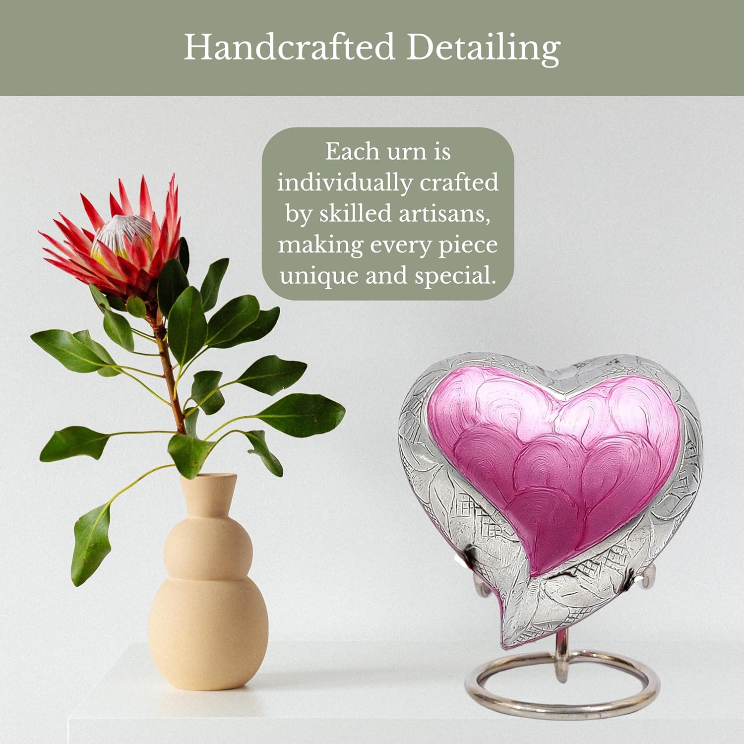 NORSE'S TRADECRAFT Heart Mini Urn for Ashes Adult Male, Female | Memorial Gifts with Velvet Box & Stand l Handcrafted Cremation Urns for Human Ashes, Pets | Pink Heart with Floral Border - 3 cu in - Image 6
