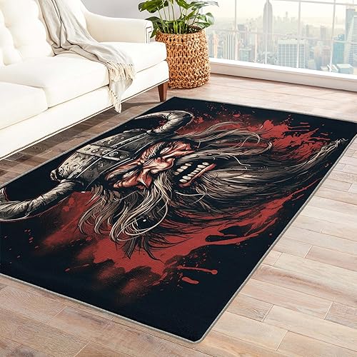 Viking Rug - Alfombra de 4 x 5 pies, alfombra de guerrero para dormitorio, sala de estar, lavable, antideslizante, suave, alfombra grande de pelo