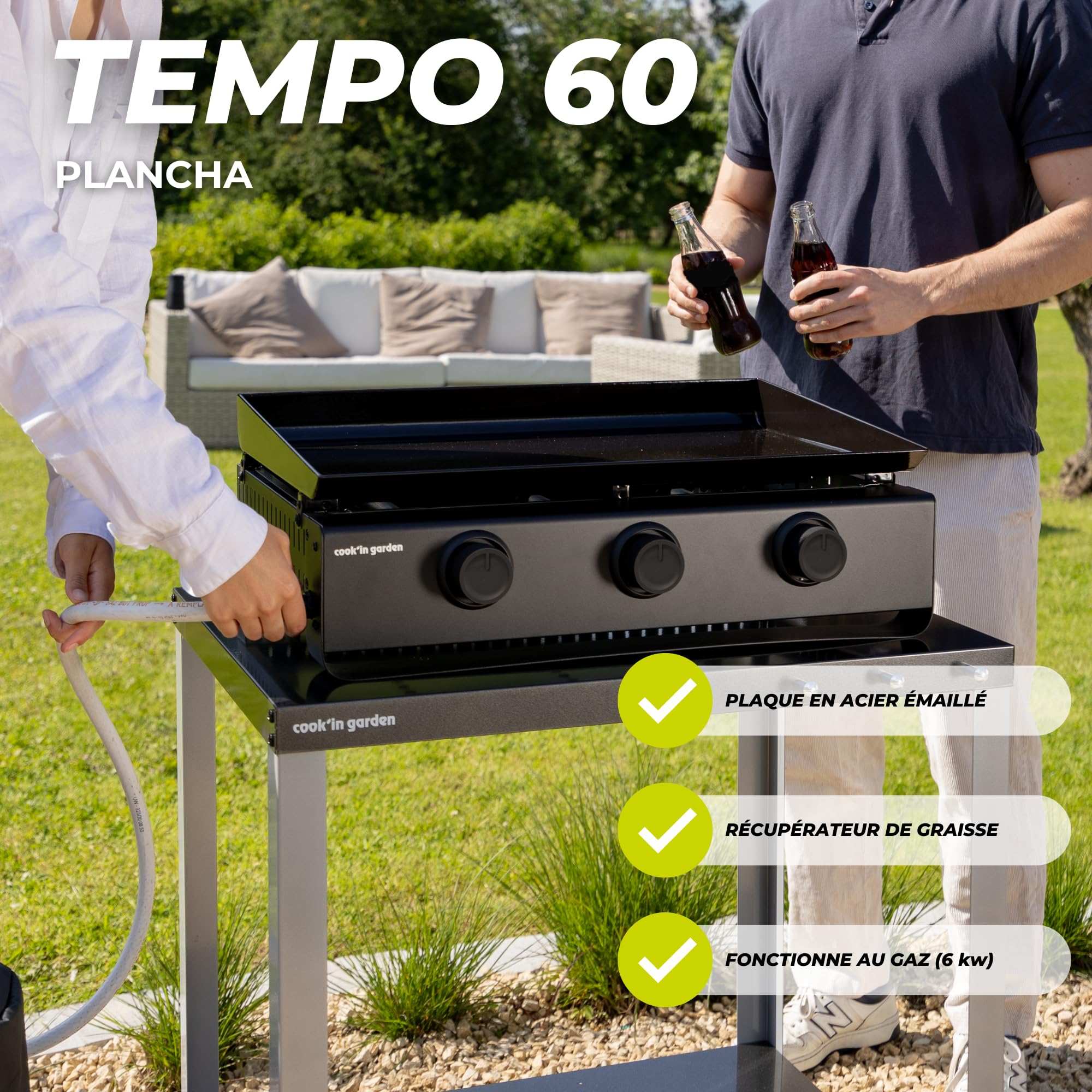 Cook'in Garden - Plancha Gaz Tempo, 3 Brûleurs 6 kW, Plaque en Acier Émaillé, Bac Récupérateur de Graisse Amovible, Idéal 10 Personnes, Idéal Terrasse et Jardin