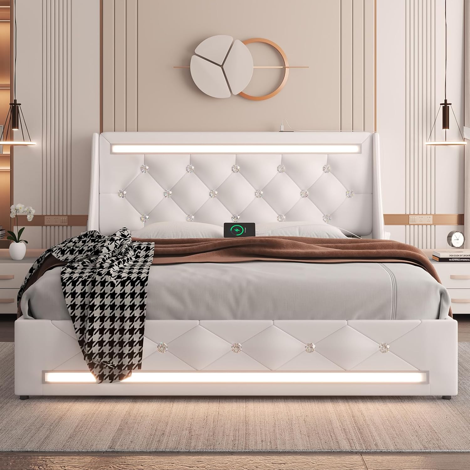 E-Motie Full Size Bed Frame with Wingback Headboard, LED Lights, and Charging Station in White