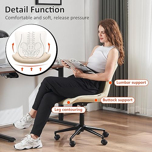 Miniatura 6 de Kidol & Shellder Silla de escritorio de piel beige con ruedas, moderna y bonita silla giratoria ejecutiva sin brazos con respaldo acolchado cómodo,