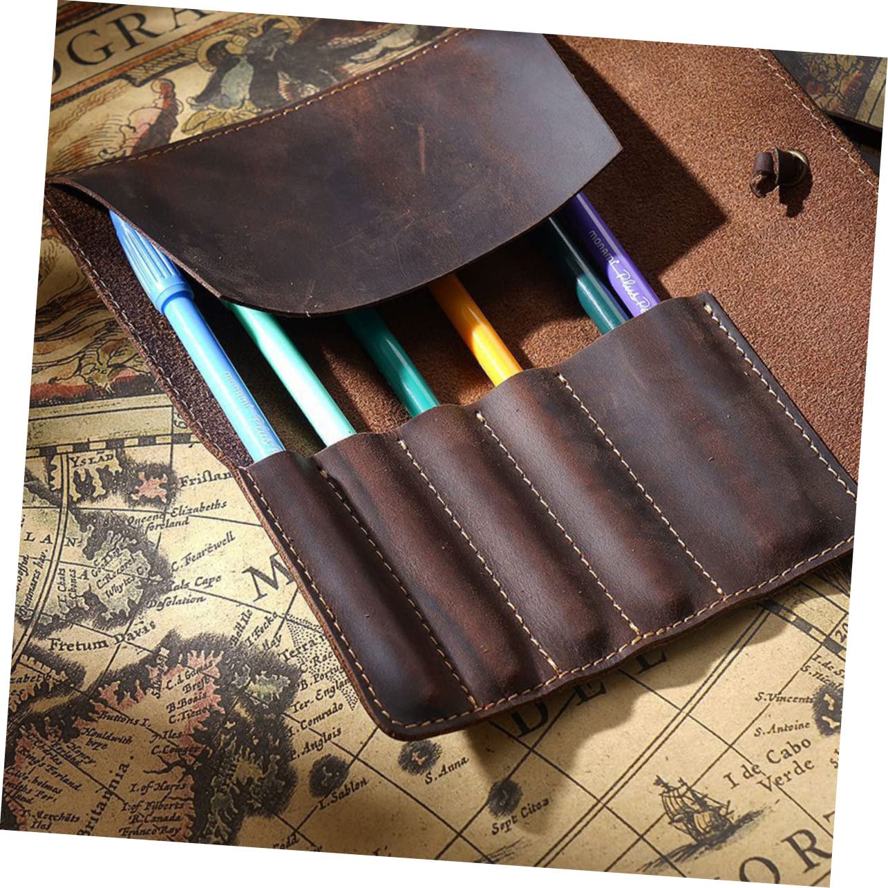 Estuche Enrollable de Cuero Vintage Retro para Lápices y Bolígrafos Café