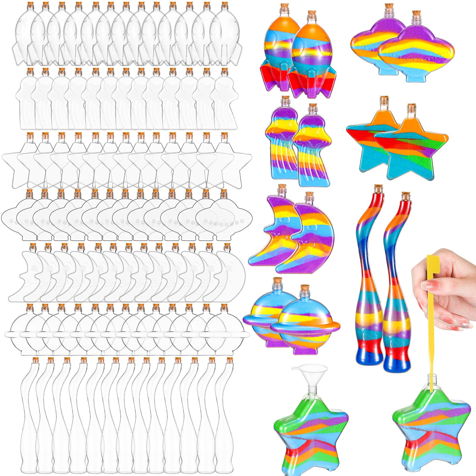 Tanlade Plastic Sand Art Bottles with Cork Stoppers for Kids 8 Styles Clear Sand Art Containers Funnels Wishing Bottles Sand Storage Jars for DIY Art Crafts Projects Party Supplies (50)