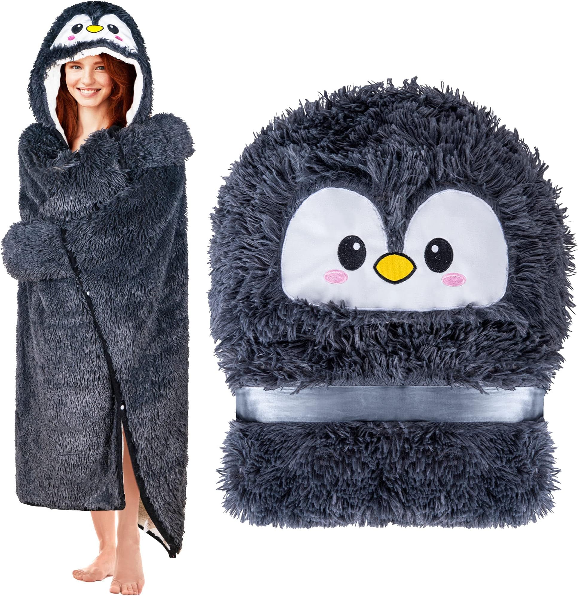 Happy Fuel Penguin Wearable Hooded Blanket for Adults - Fluffy Super Soft Shaggy Faux Fur, Fuzzy Warm Cozy Plush Furry Fleece & Sherpa Hoodie Throw Cloak Wrap - Penguin Gifts for Women Adults and Kids