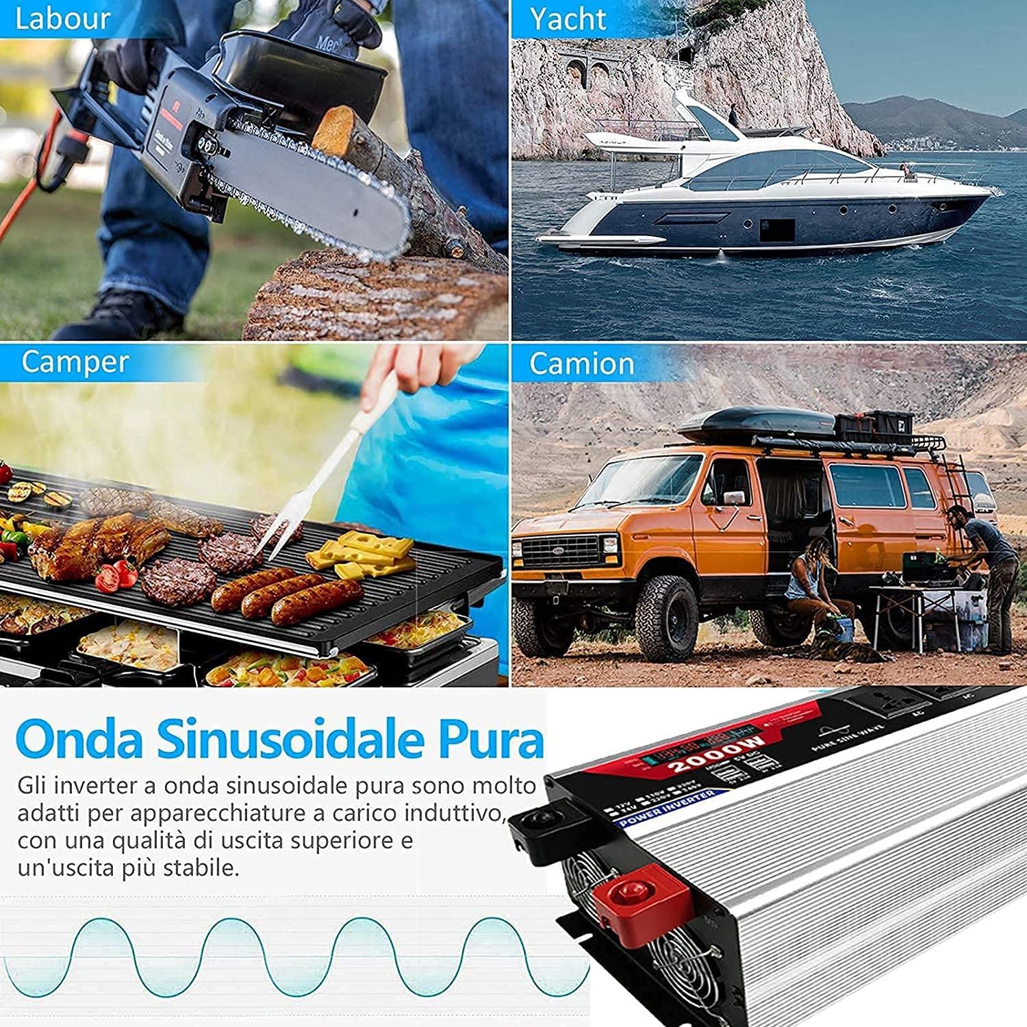 1000W 1500W 2000W 3000W (wyjście ciągłe) czysta fala sinusoidalna samochodowa przetwornica napięcia DC 12V/24V na AC 230V 240V konwerter z 2 gniazdami AC i wyświetlaczem LCD,1500W-12V