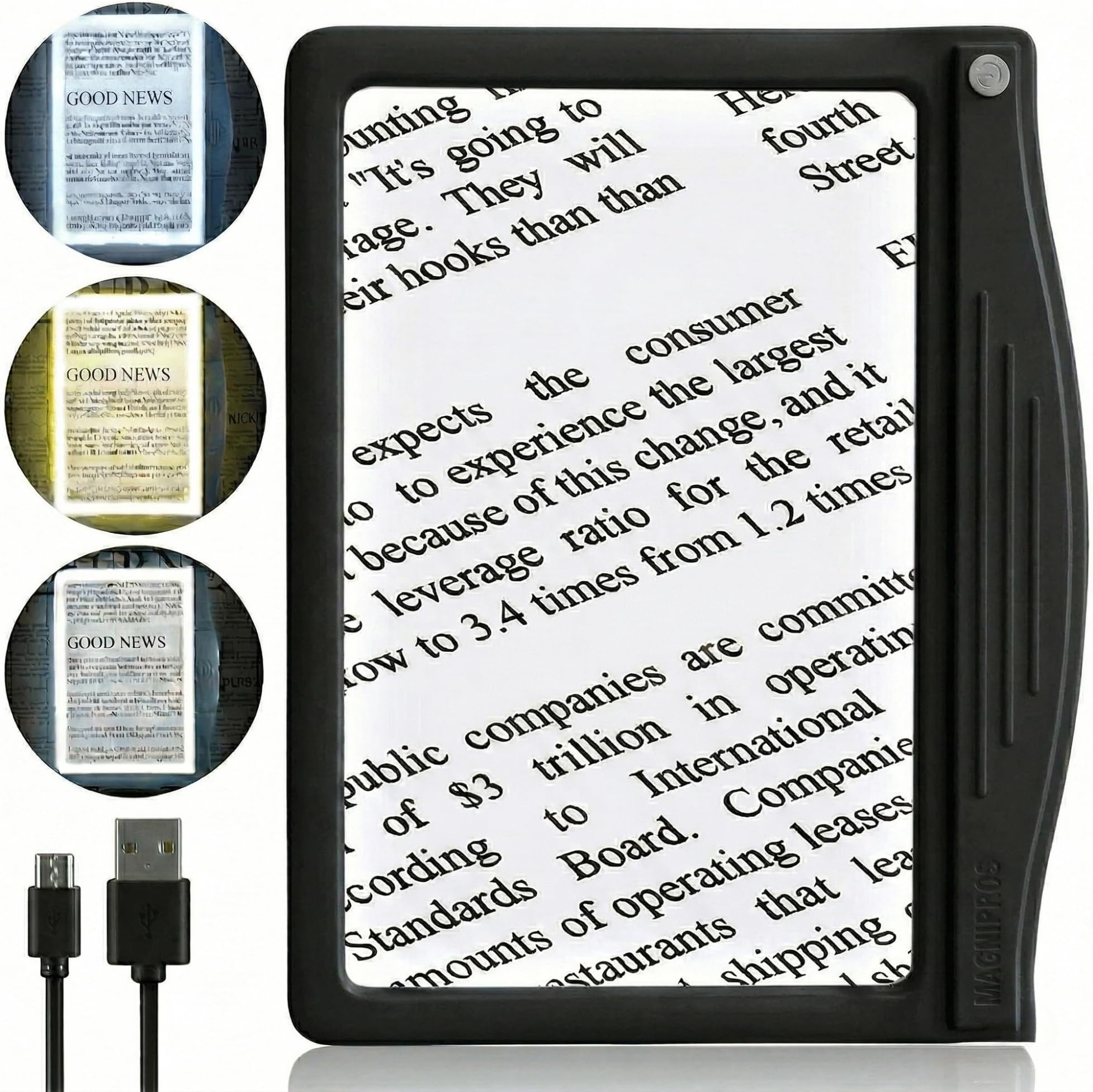 MagniPros 5X Rechargeable Large Ultra Bright LED Page Magnifier with Anti-Glare Lens & 3 Color Dimmable Light Modes, Relieve Eye Strain- Ideal for Reading Small Prints, Low Vision, Seniors