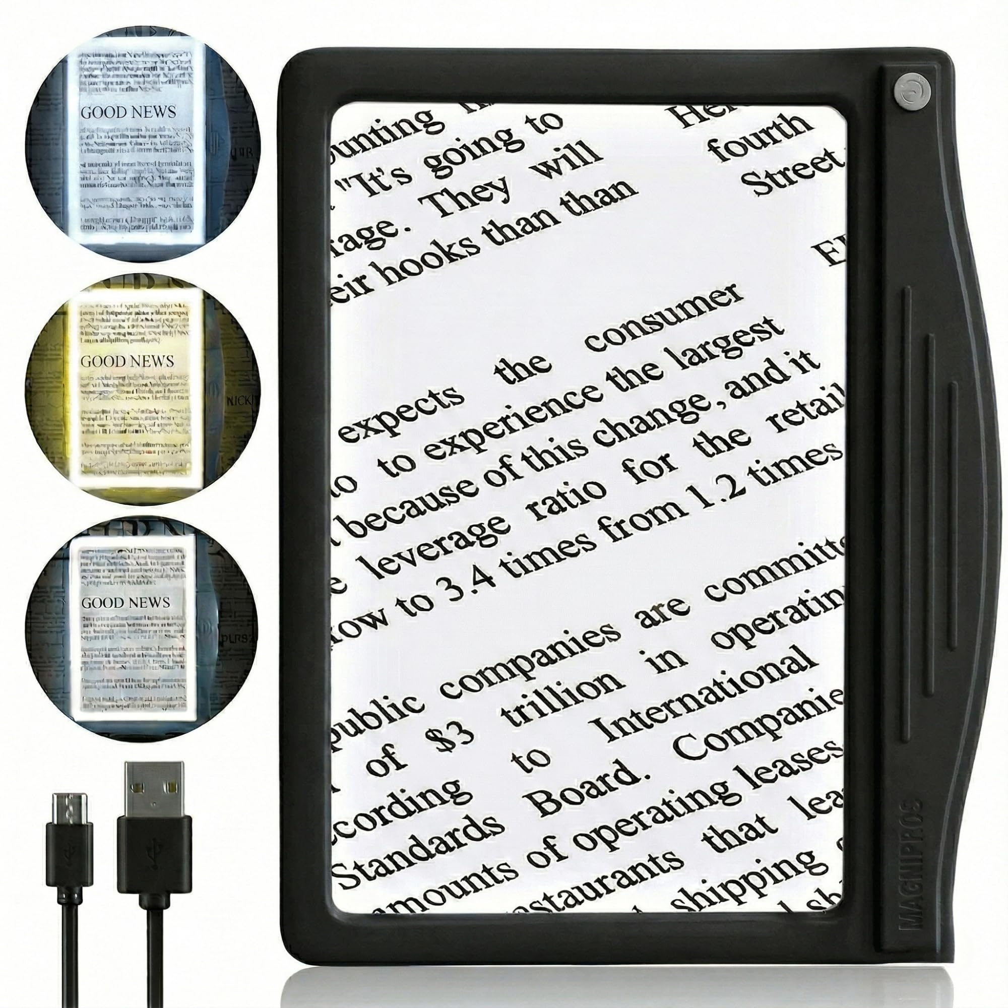 [Rechargeable] 3X Large Ultra Bright LED Page Magnifier with 12 Anti-Glare Dimmable LEDs (More Evenly Lit Viewing Area & Relieve Eye Strain)-Ideal for Reading Small Prints & Low Vision Seniors