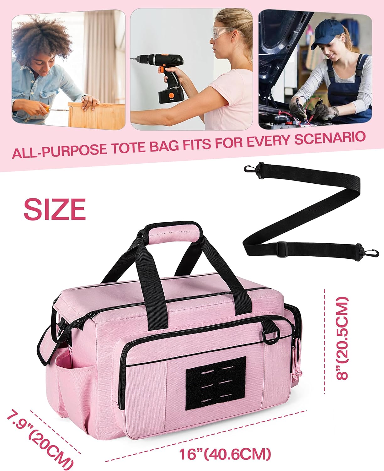 Tactical Tool Bag for Women, 16 Inches Tool Storage Organizer Box with Wide Mouth, Large Toolbag Toolbox with Handle, Pink (Empty Bag Only) - Image 6