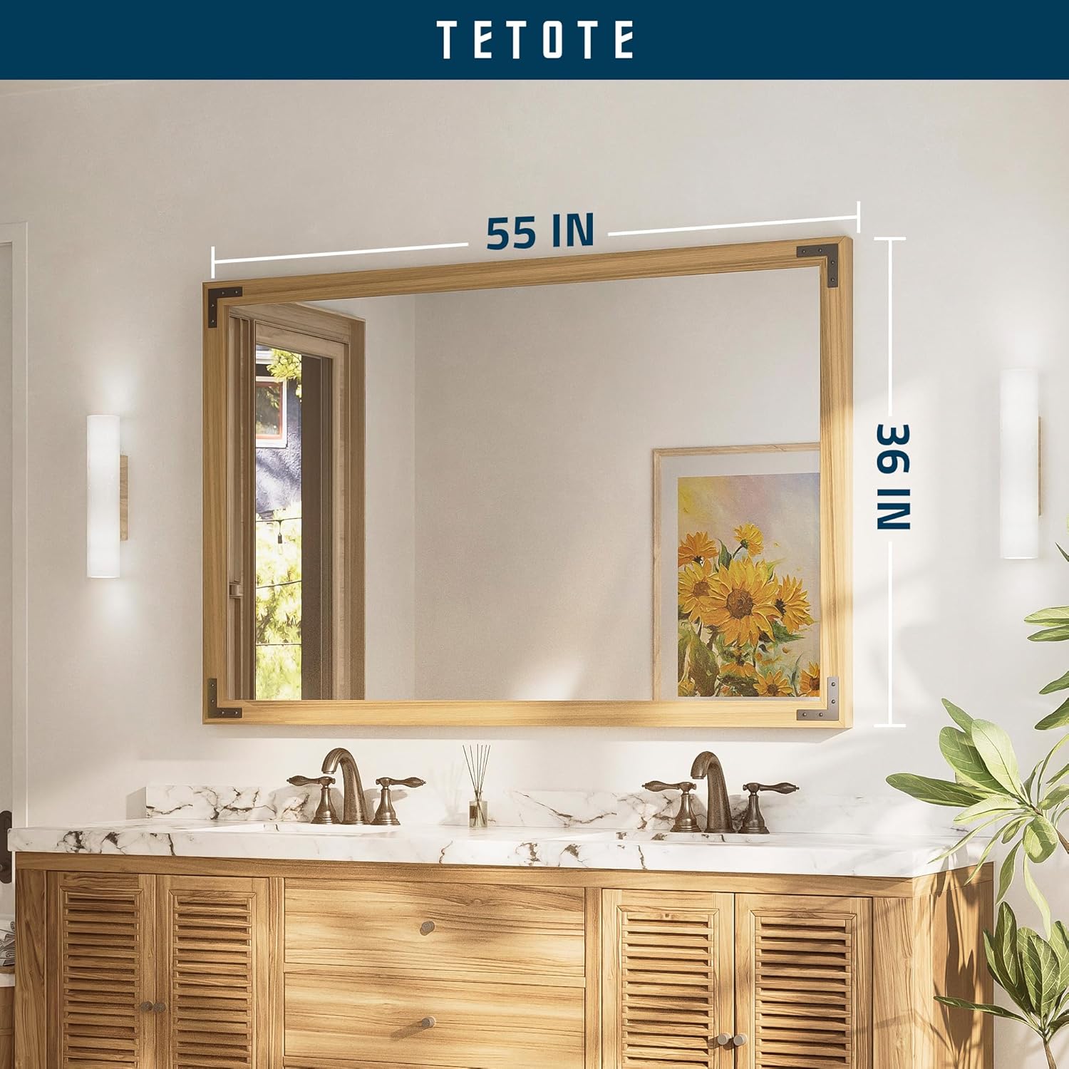 TETOTE 55 x 36 Natural Wooden Mirror for Bathroom Wall/Bedroom/Living Room/Entryway Farmhouse Rustic Bathroom Vanity Mirror Waterproof (Horizontal/Vertical Mounted)