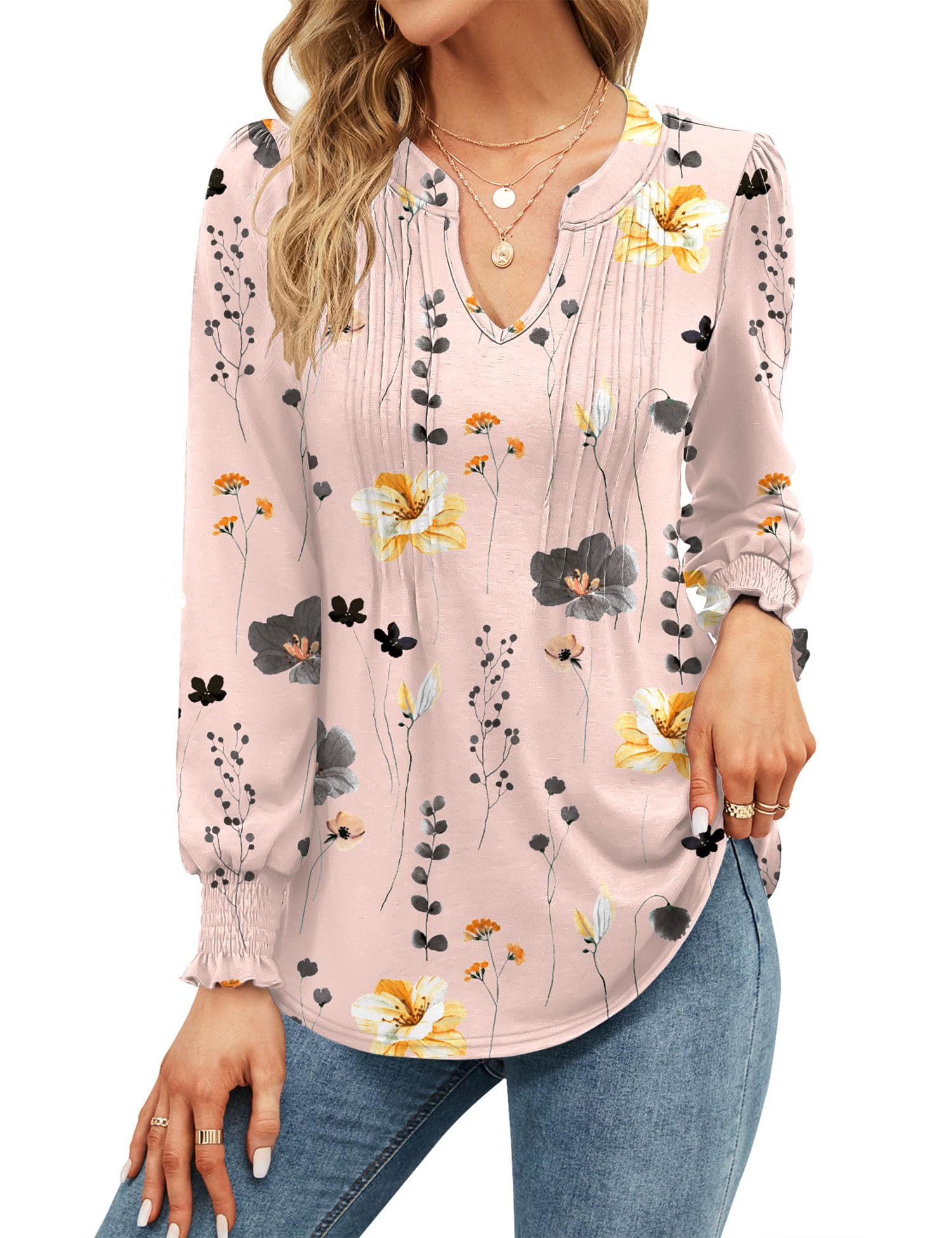 Womens V Neck Tops Puff Short Sleeve T-Shirt Pleated Floral Printed Tunic Blouse Shirts — view 8