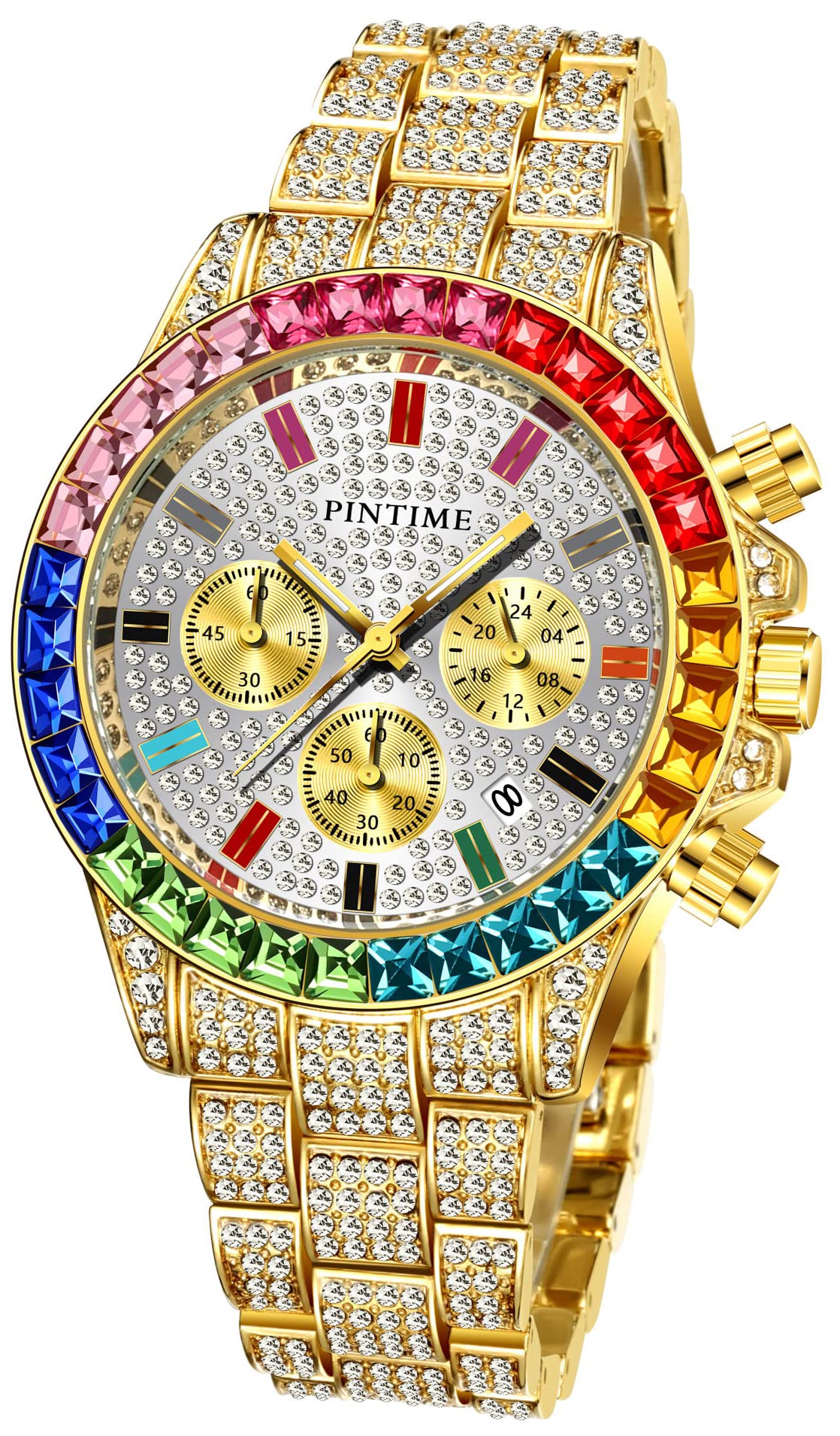 GosasaLuxury Bling-ed Out Colorful Dial Full Diamond Hip Hop Rocks Watches Fashion Quartz Analog Stainless Steel Bracelet Wrist Watch (Gold)