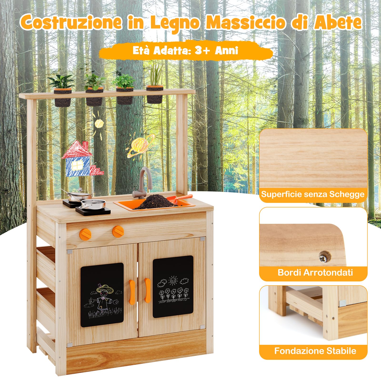 COSTWAY Cucina Giocattolo per Giardino con Lavagna Acrilica per Dipingere, Cucina in Legno di Abete per Bambini con 4 Vasi da Giardinaggio, Set Cucina con Accessori, 68 x 34 x 93 cm
