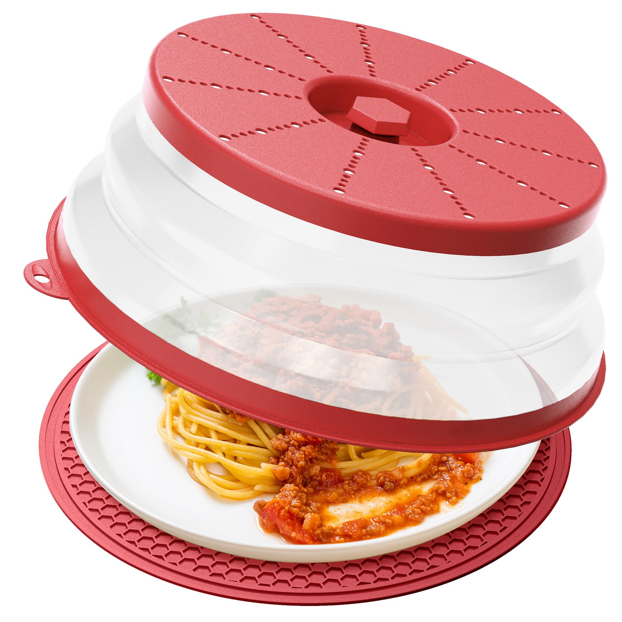 ML-MC-RD Microwave Splatter Cover &amp; Mat, Vented Collapsible Splatter Guard dish Plate lid &amp; Silicone Round Kitchen Mat for Food, Meal Prep