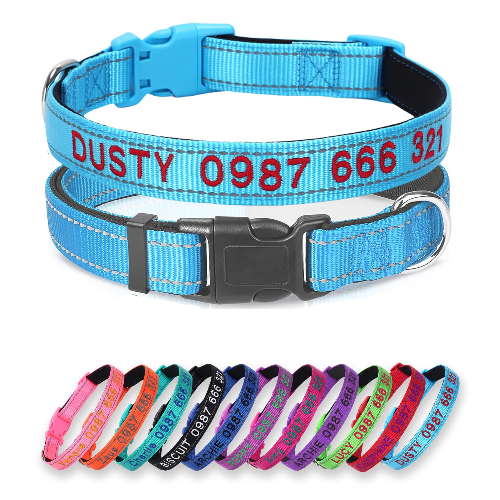 Custom Reflective Dog Collar - Personalized Embroidered Name & Phone Number - Soft Neoprene Padded & Breathable Nylon - Adjustable Fit for Large, Medium, Small Dog Puppies,Sky Blue