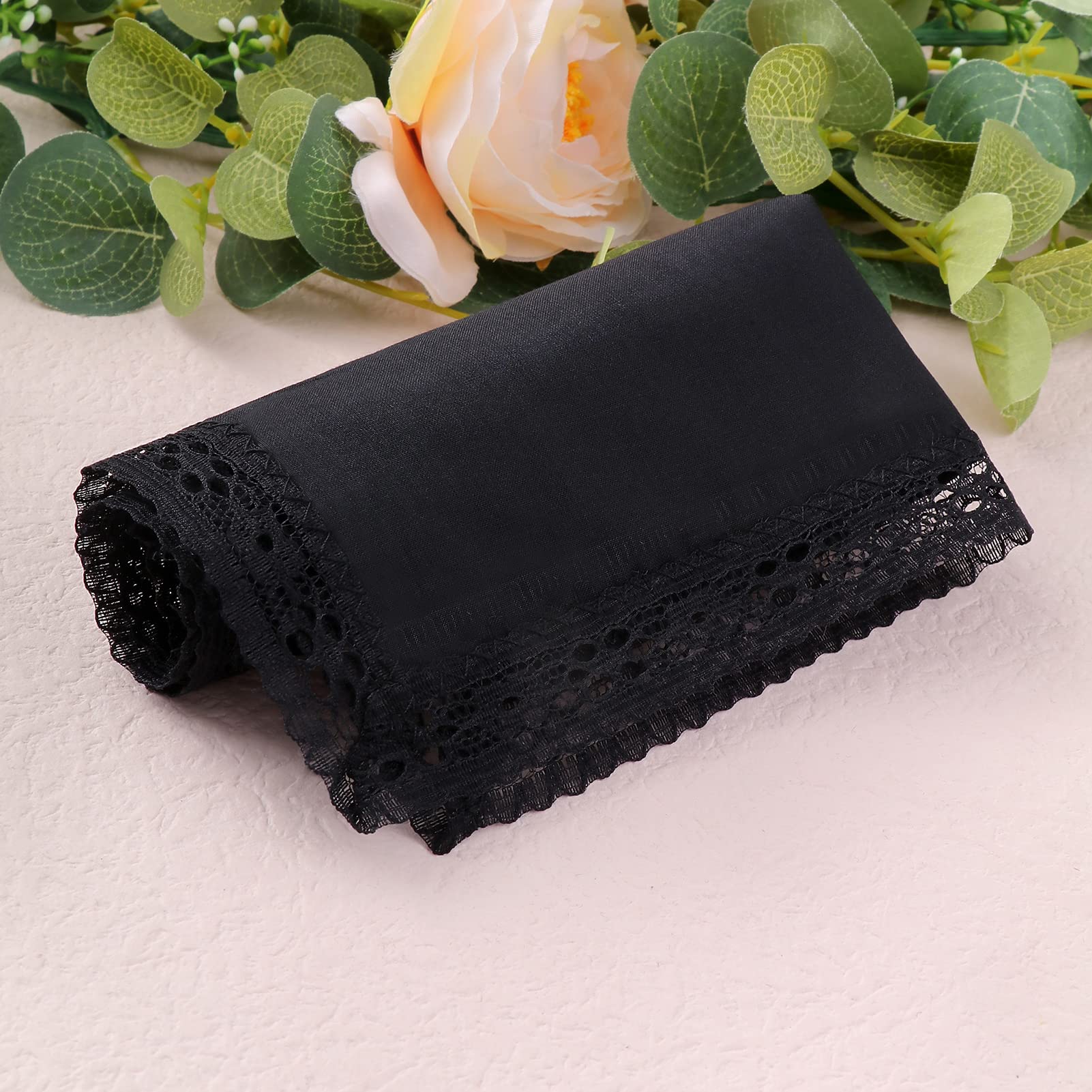 HOULIFE Lot de 6/12 mouchoirs en tissu noir - Pour femme - 100 % 60S - En coton brodé - 25 x 25 cm