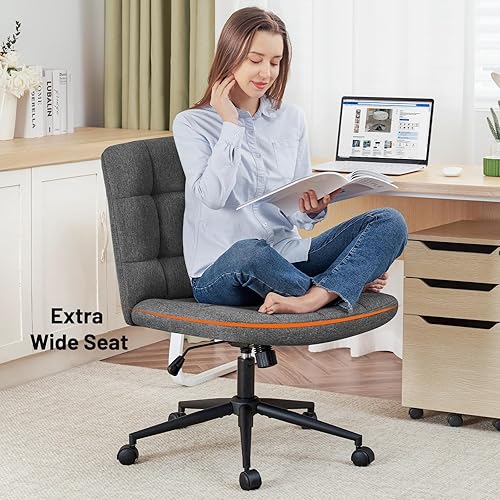 Miniatura 4 de Furniliving Silla de escritorio de oficina sin brazos, silla giratoria acolchada de tela de lino, silla de oficina ajustable en casa con ruedas de