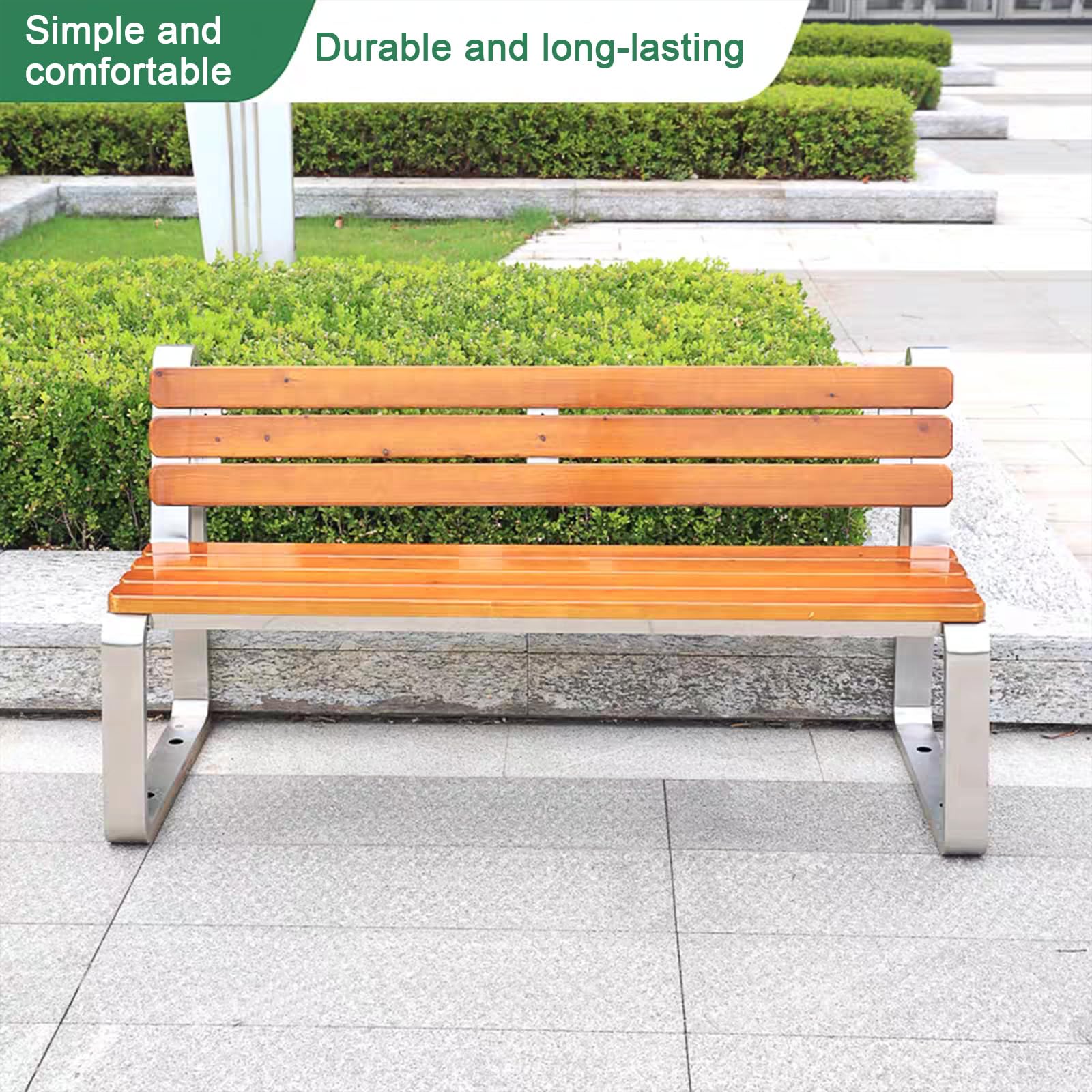 Banco de metal para jardín al aire libre, moderno acero inoxidable, asiento de listones para patio, porche, piscina, balcón, capacidad para 2 personas, diseño duradero y elegante