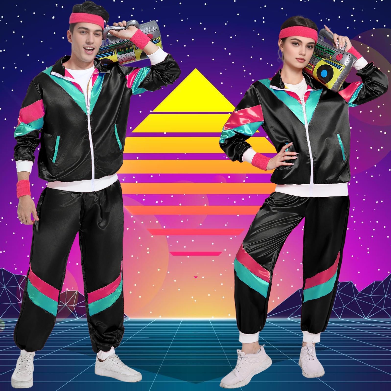 Fover Disfraz de los años 80 para hombre y mujer, traje de entrenamiento, estilo pop, retro, accesorios para disfraz, con radio inflable, gafas de sol, collar y banda para el sudor para fiestas
