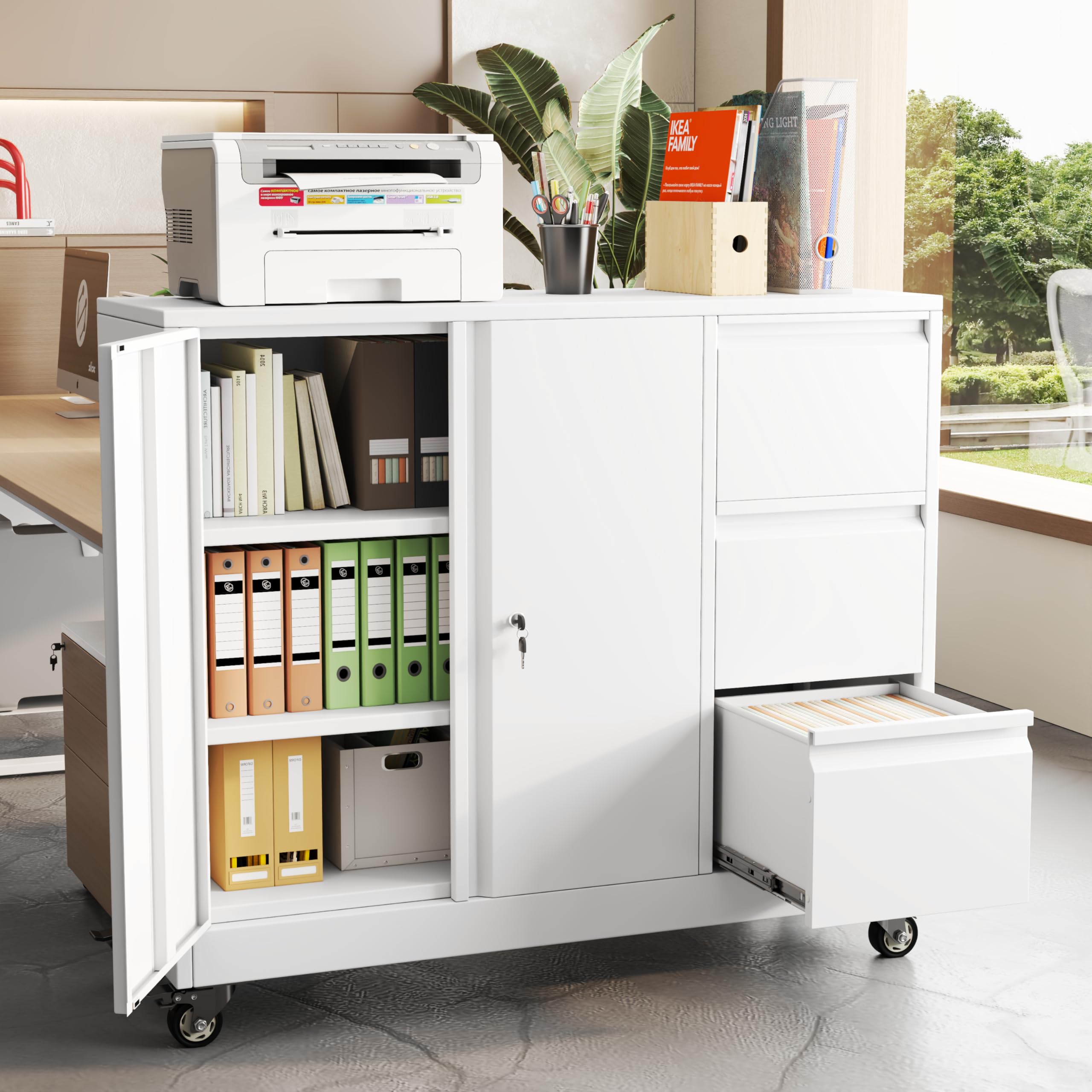 baoliwo 47" Rolling File Storage Locker Cabinet with 3-Drawer，Office Storage Cabinet with Adjustable Shelf & Universal Wheels, Mobile Printer Stand
