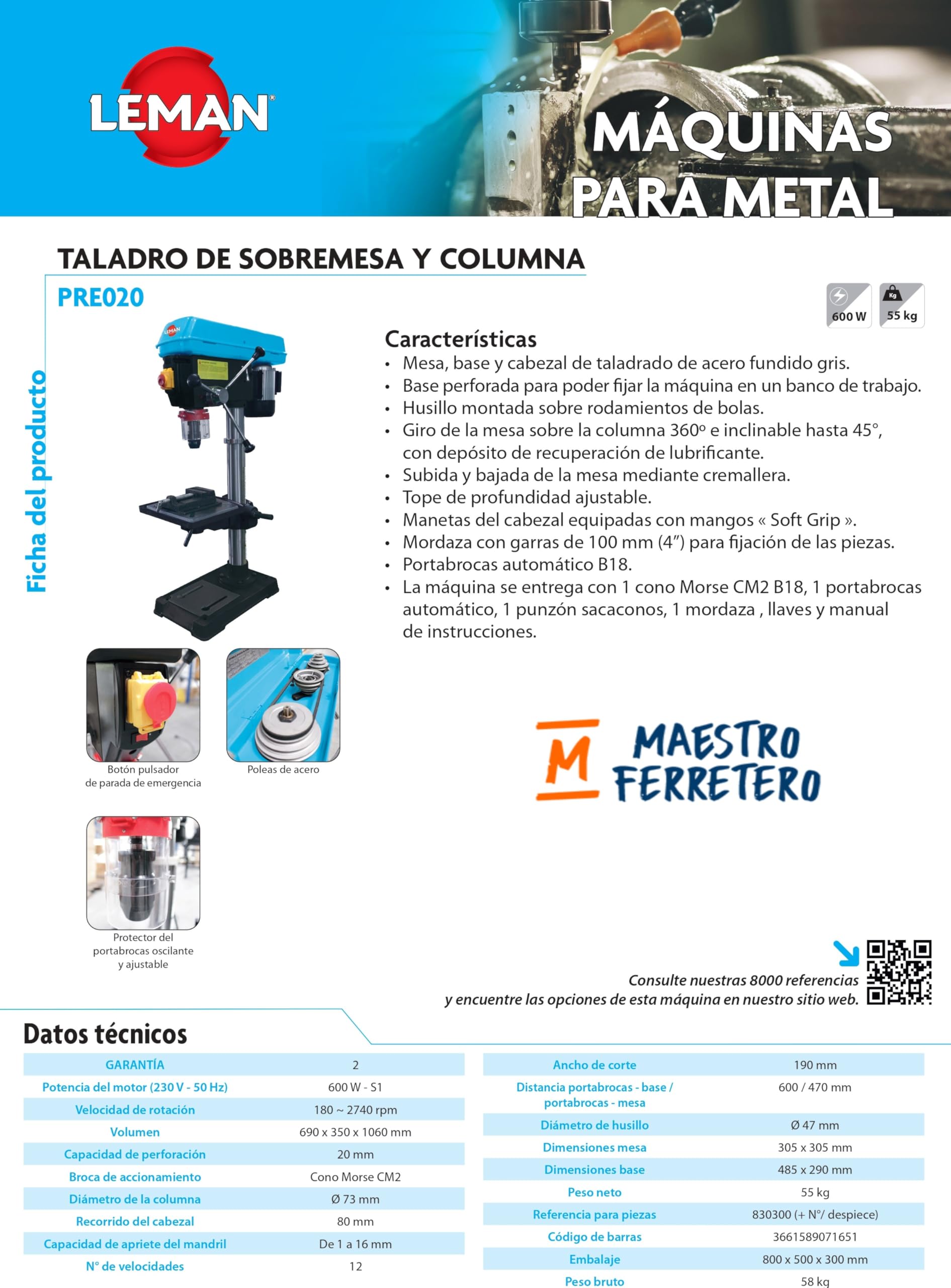 LEMAN - Taladro de Sobremesa y Columna PRE020, 600 W, 12 Velocidades, Capacidad de Perforación 20 mm