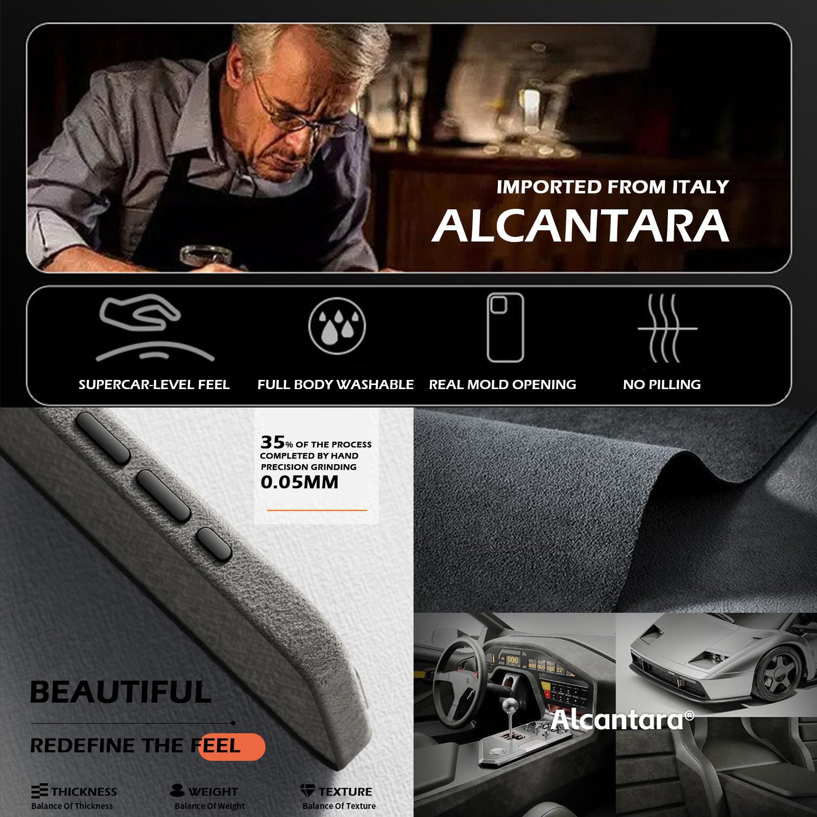 Étui en daim alcantara pour iPhone 17 Pro Max, compatible avec MagSafe, cuir daim véritable importé d'Italie, fait à la main, sensation intérieure de supercar, ultra fin, antidérapant (gris foncé