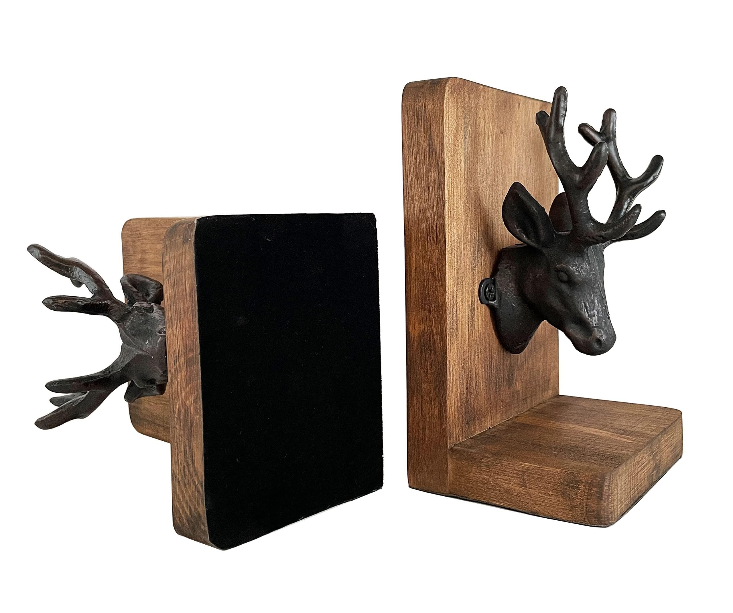 Fermalibri in ghisa con testa di cervo e corna di alce, fermalibri decorativi per mensole, scrivania in legno a forma di L, resistente, antiscivolo (1 paio), decorazione antica