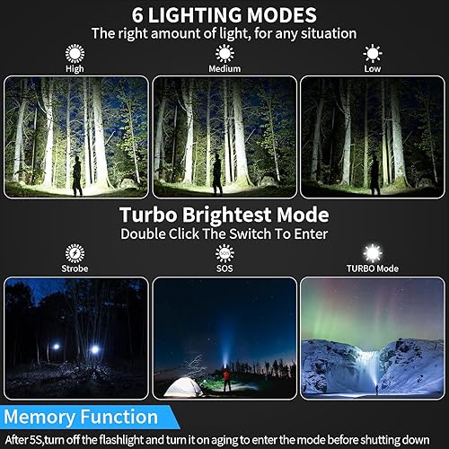 Miniatura 3 de Linterna superbrillante y recargable  Luces de flash de alta potencia, función de memoria, 6 modos, IPX5 impermeable  Luz LED compacta para