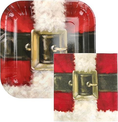 Iconikal Paquete de 100 piezas para cena de Navidad, hebilla de cinturón de Santa, 40 platos de papel y 60 servilletas de papel
