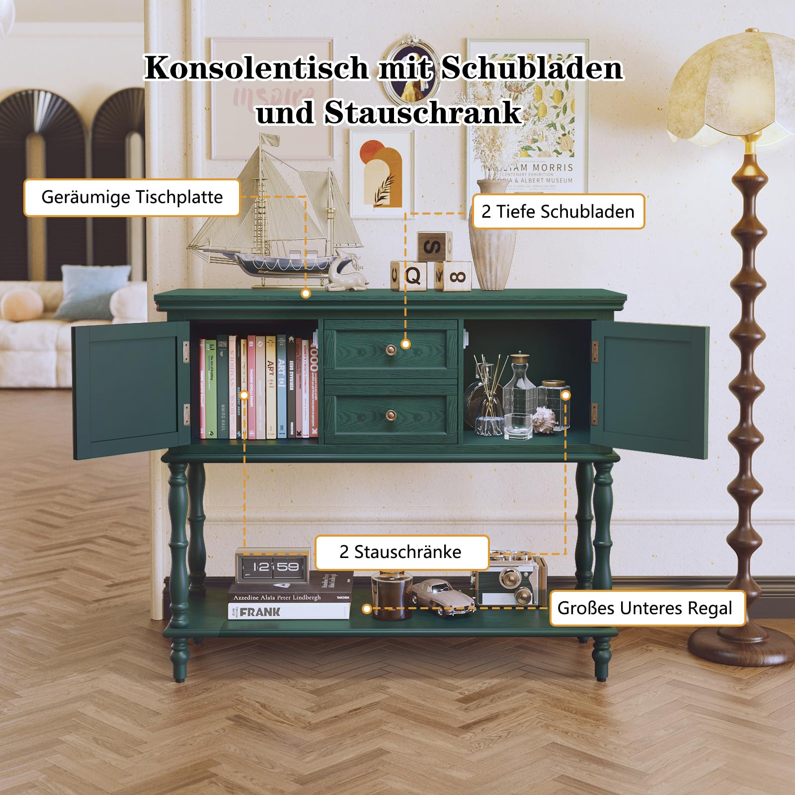 Konsolentisch mit Schubladen und Stauschrank, Holz Grün Konsolentisch Schmal mit Schublade Konsolentische fürs Wohnzimmer, Eingang, Hausflur, Schlafzimmer