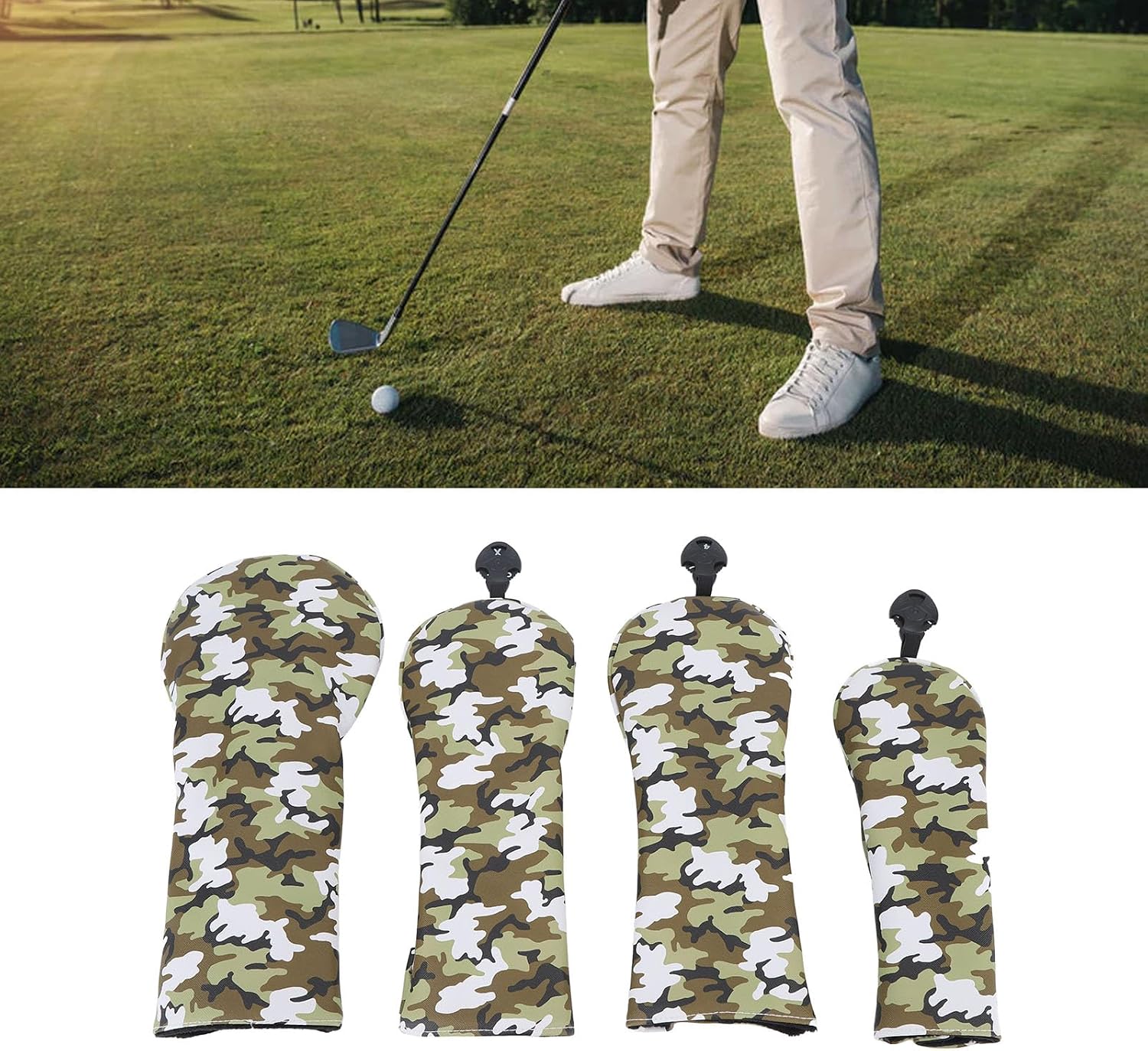 4Pcs Club Head Cover PU Thick Plush Wear Resistant Putter Cover with Number Board Camouflage Green