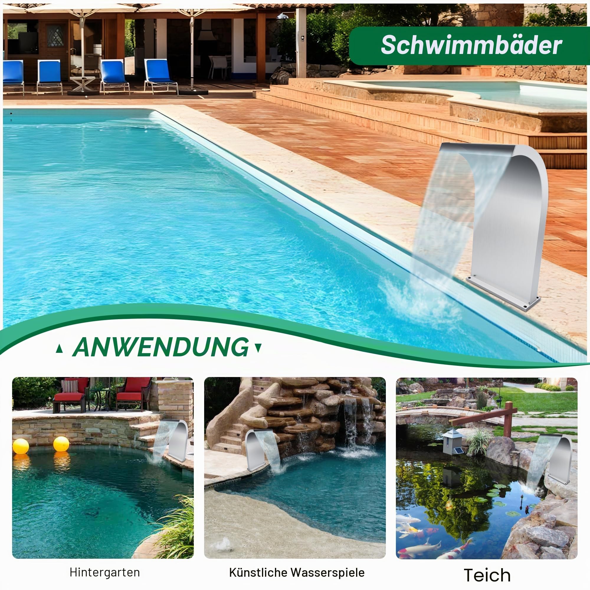 Gebogener Poolbrunnen aus Edelstahl mit Zubehör, S-förmige Teichwasserfälle für Garten, Terrasse, Pool, Pooldekoration, Höhe 51 cm