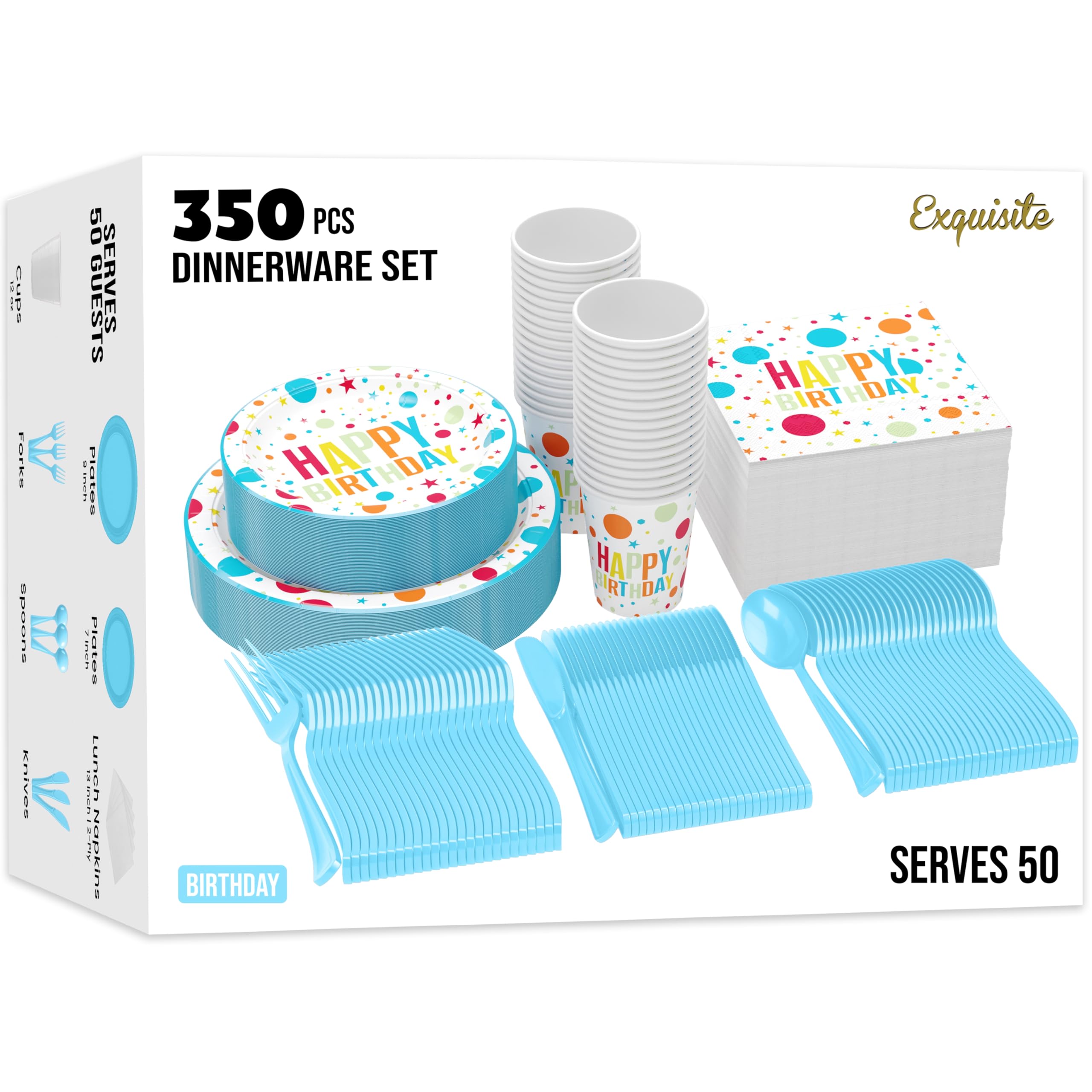 Exquisite 350 Pcs Blue Happy Birthday Plates and Napkins Set, Blue Birthday Plates Set, 50 Of Each 9" Dinner Plate, 7" Dessert Plate, 12 oz Cups, Napkins &amp; Cutlery Plastic Dinnerware Set