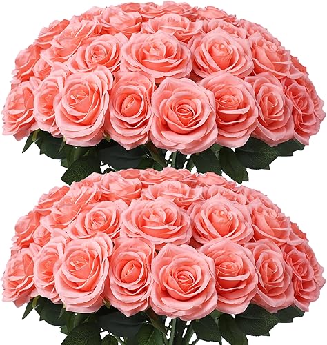 Miniatura 64 de Flores artificiales de rosa, rosa artificial, rosa falsa, rosa de seda, flores falsas de aspecto real con tallos para ramos de boda DIY, centros de
