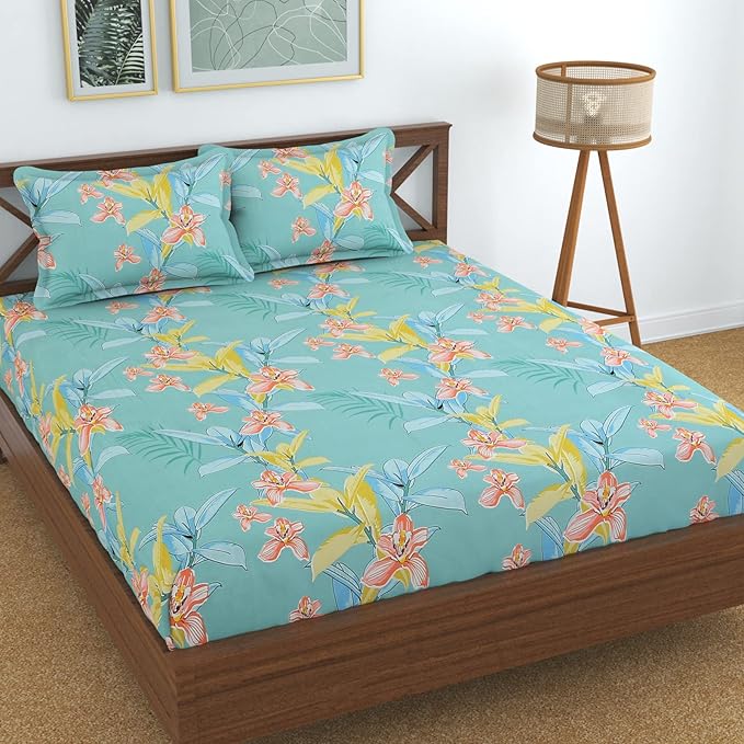 Alliance Super Soft Sea Green Floral Pattern | Fitted Bedsheets | Glace Cotton | Bed Sheet for Double Bed | 1 Fitted Bed Sheet 72Wx78Lx8H, 2 Cover 18Lx28W Inch